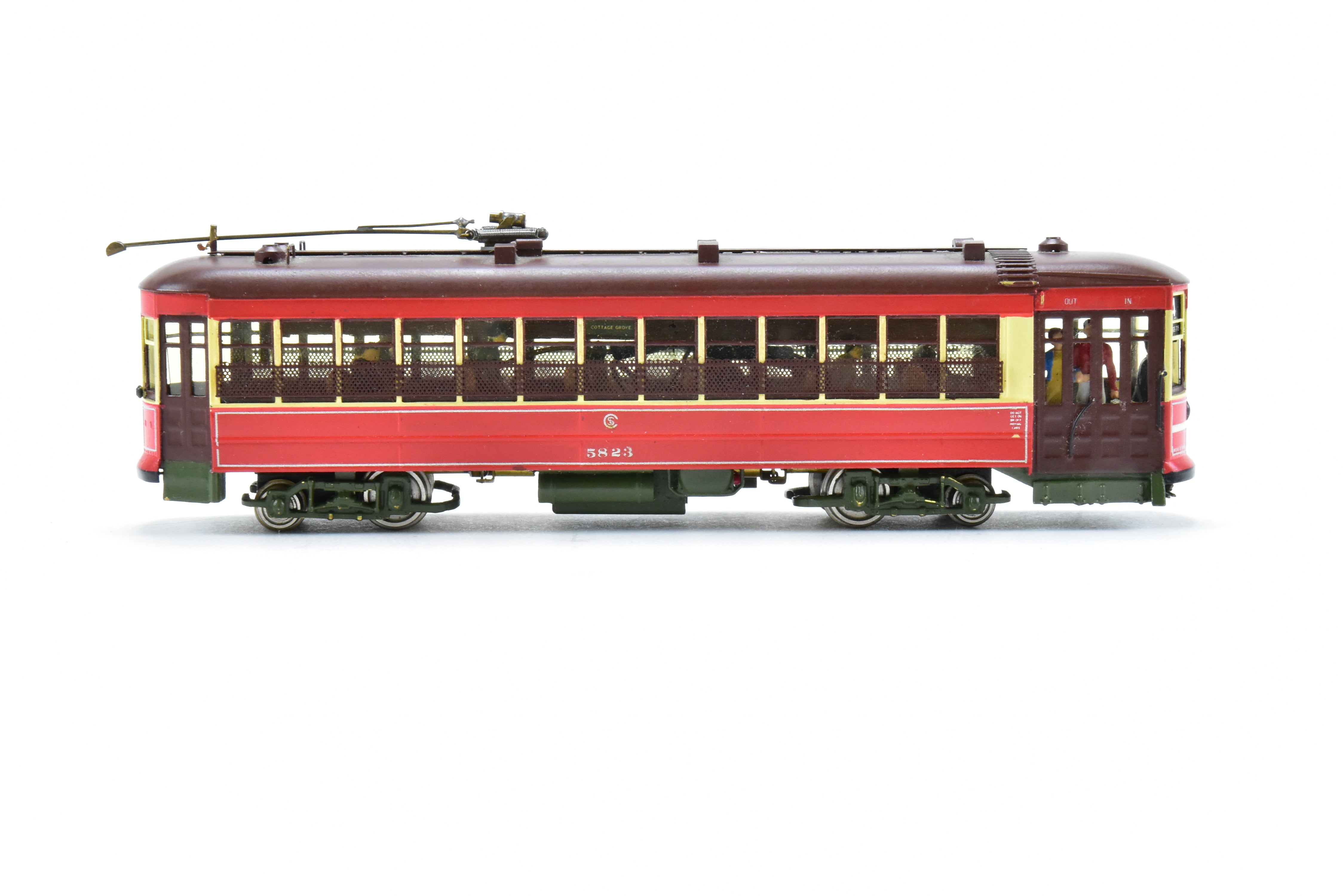 HO Scale Brass Model Train from MTS Imports - Chicago Surface Lines 5703 - 5827 Nearside Car C/P with Added Interior Details, Custom - Painted Unit #5823 in CSL's Creme and Red Colors, Incorrect Box Included