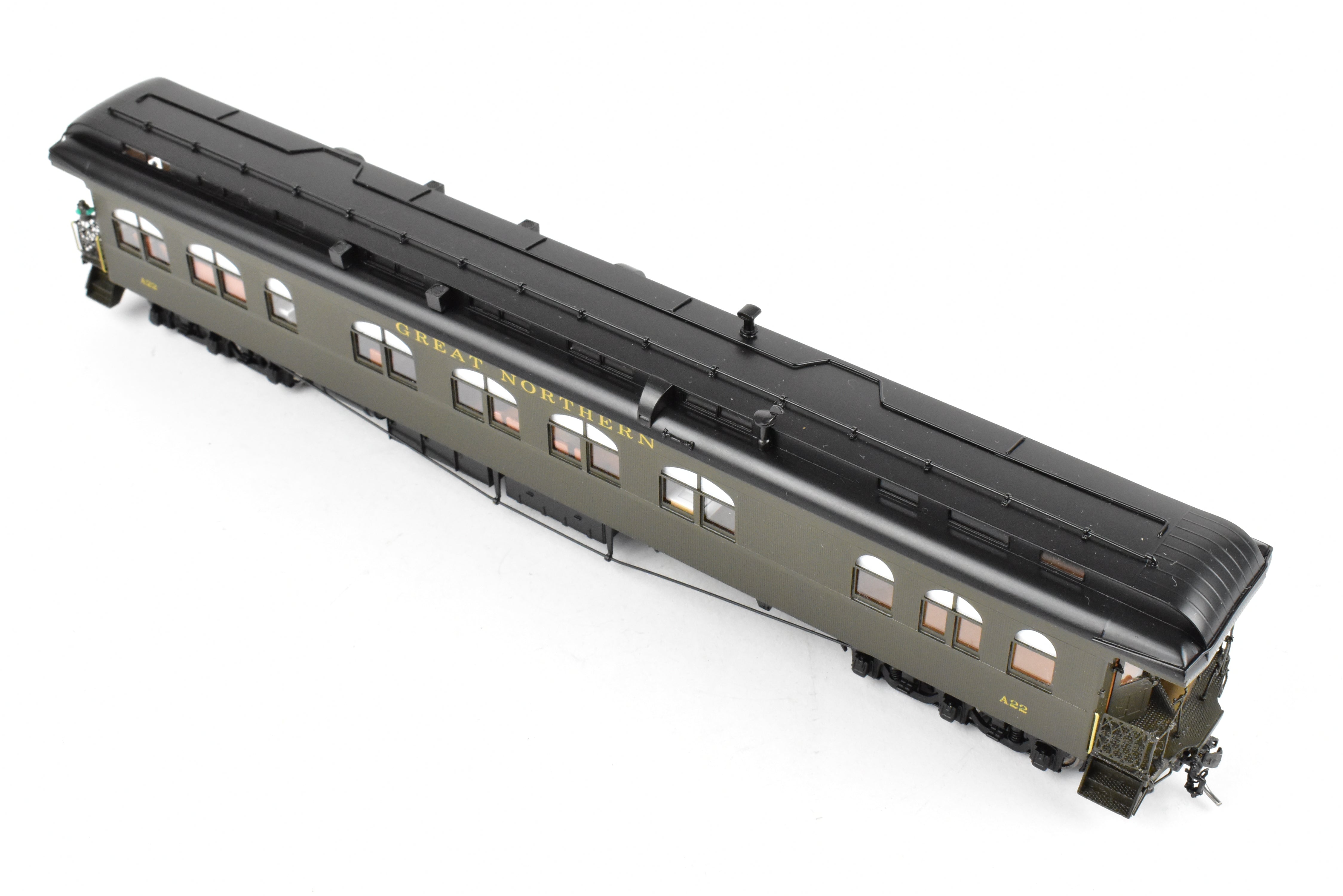 HO Scale Brass Model Train - North Bank Line (GN - Great Northern) A22 Business Car with Wood Sides in Pullman Green, Damaged - Sold As Is