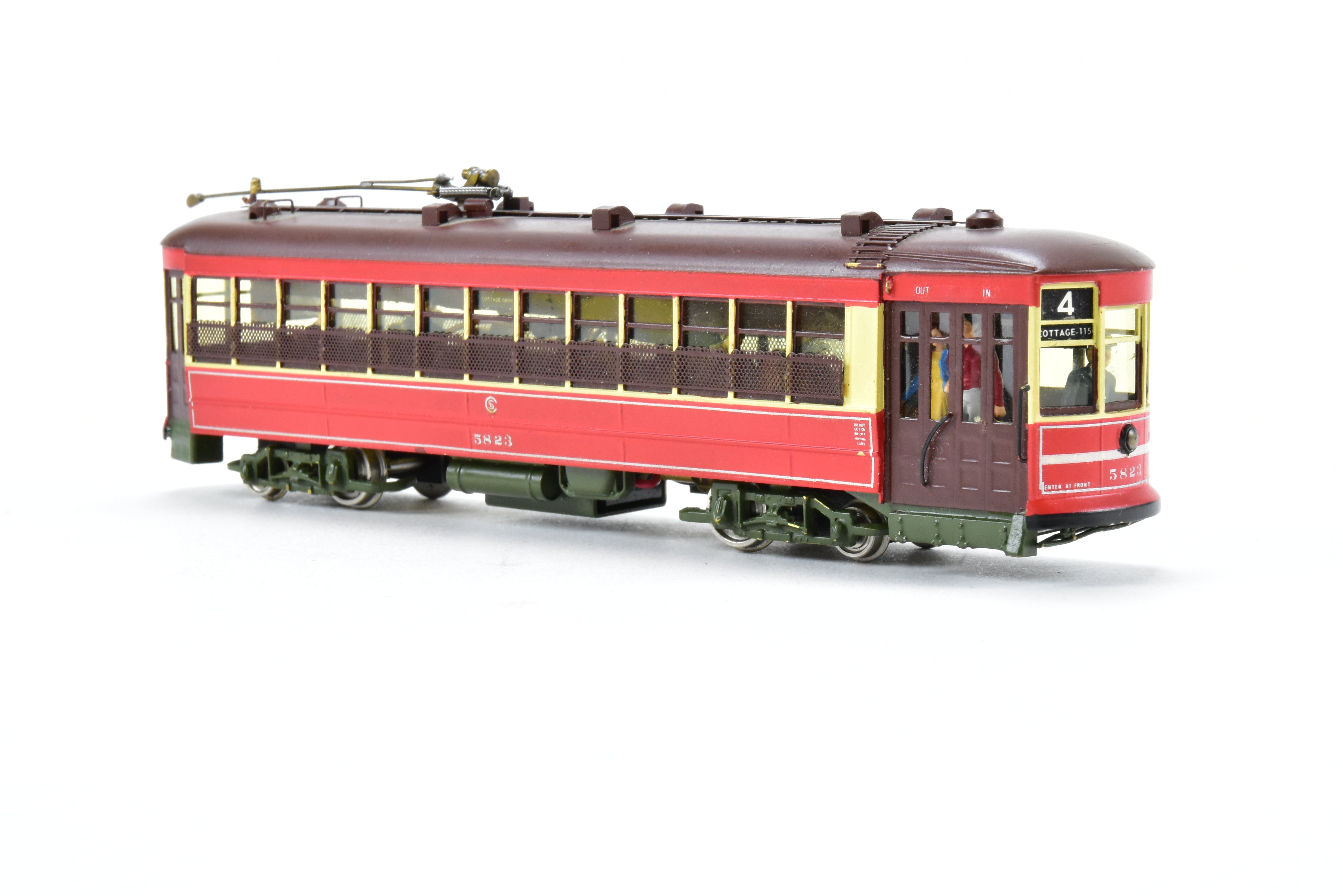 HO Scale Brass Model Train from MTS Imports - Chicago Surface Lines 5703 - 5827 Nearside Car C/P with Added Interior Details, Custom - Painted Unit #5823 in CSL's Creme and Red Colors, Incorrect Box Included