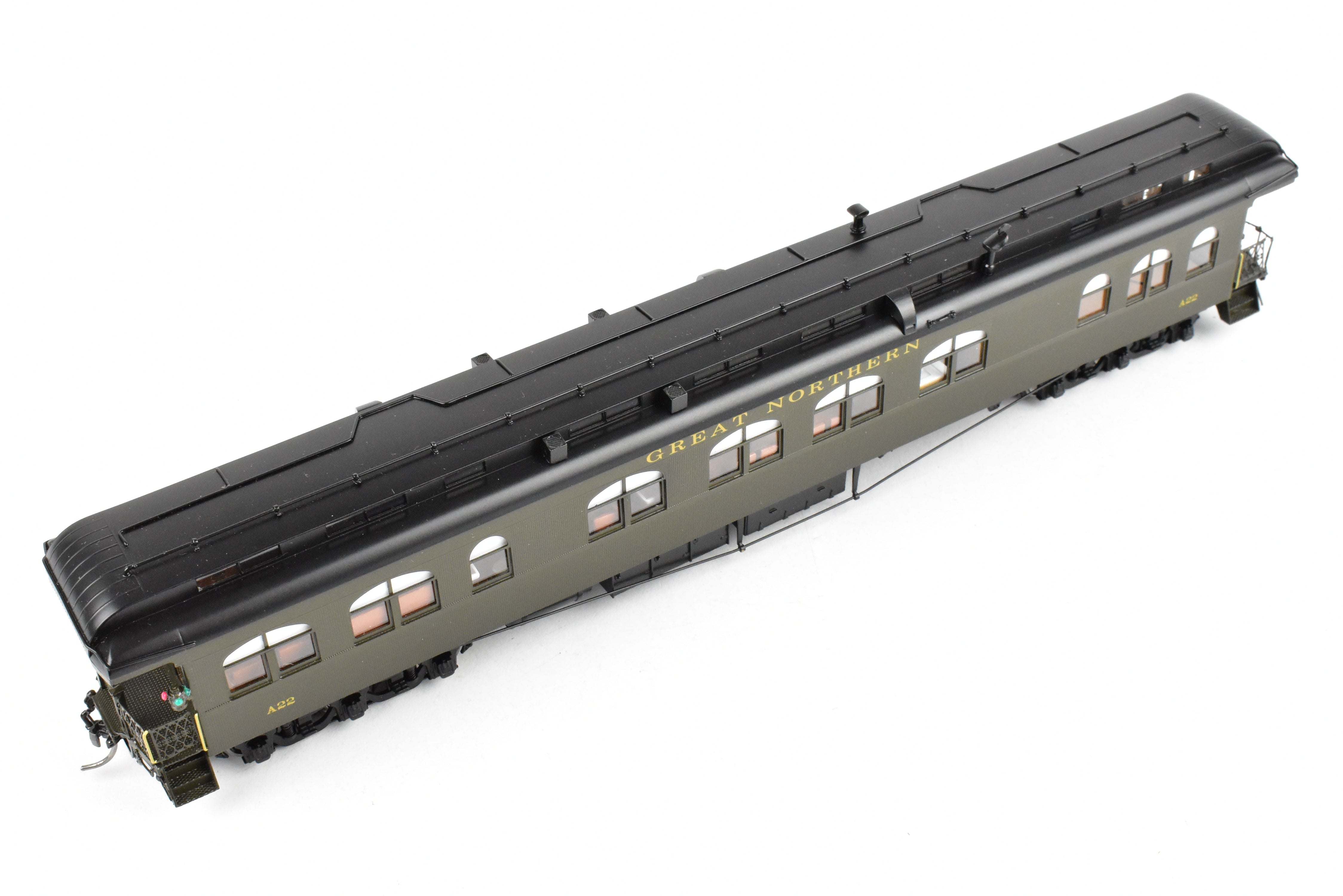 HO Scale Brass Model Train - North Bank Line (GN - Great Northern) A22 Business Car with Wood Sides in Pullman Green, Damaged - Sold As Is