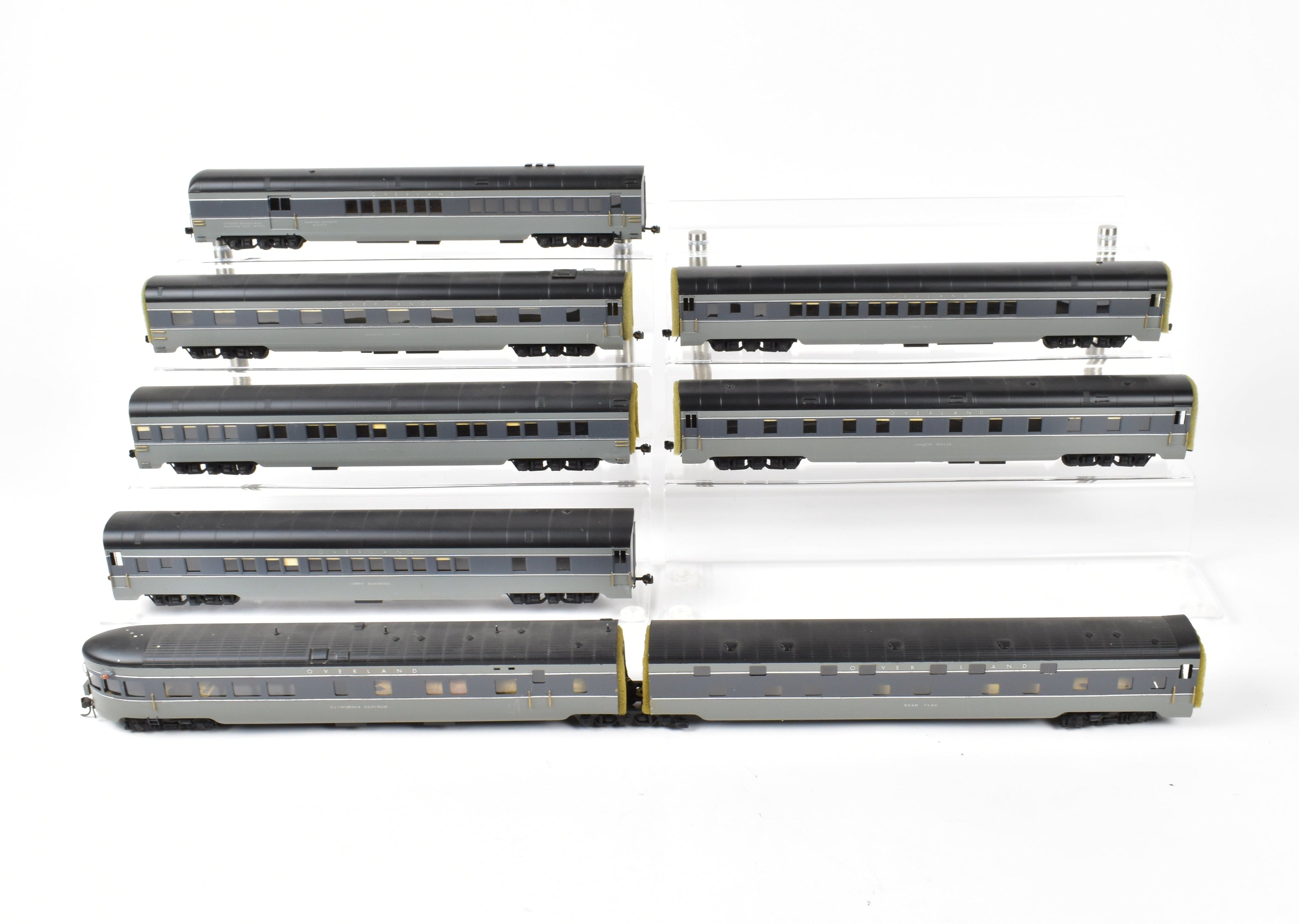 HO Scale Brass Model Train Set - Oriental Limited SP/UP/C&NW UP Union Pacific The Forty Niner 8-Car Set in Two-Tone Gray with Overland Lettering