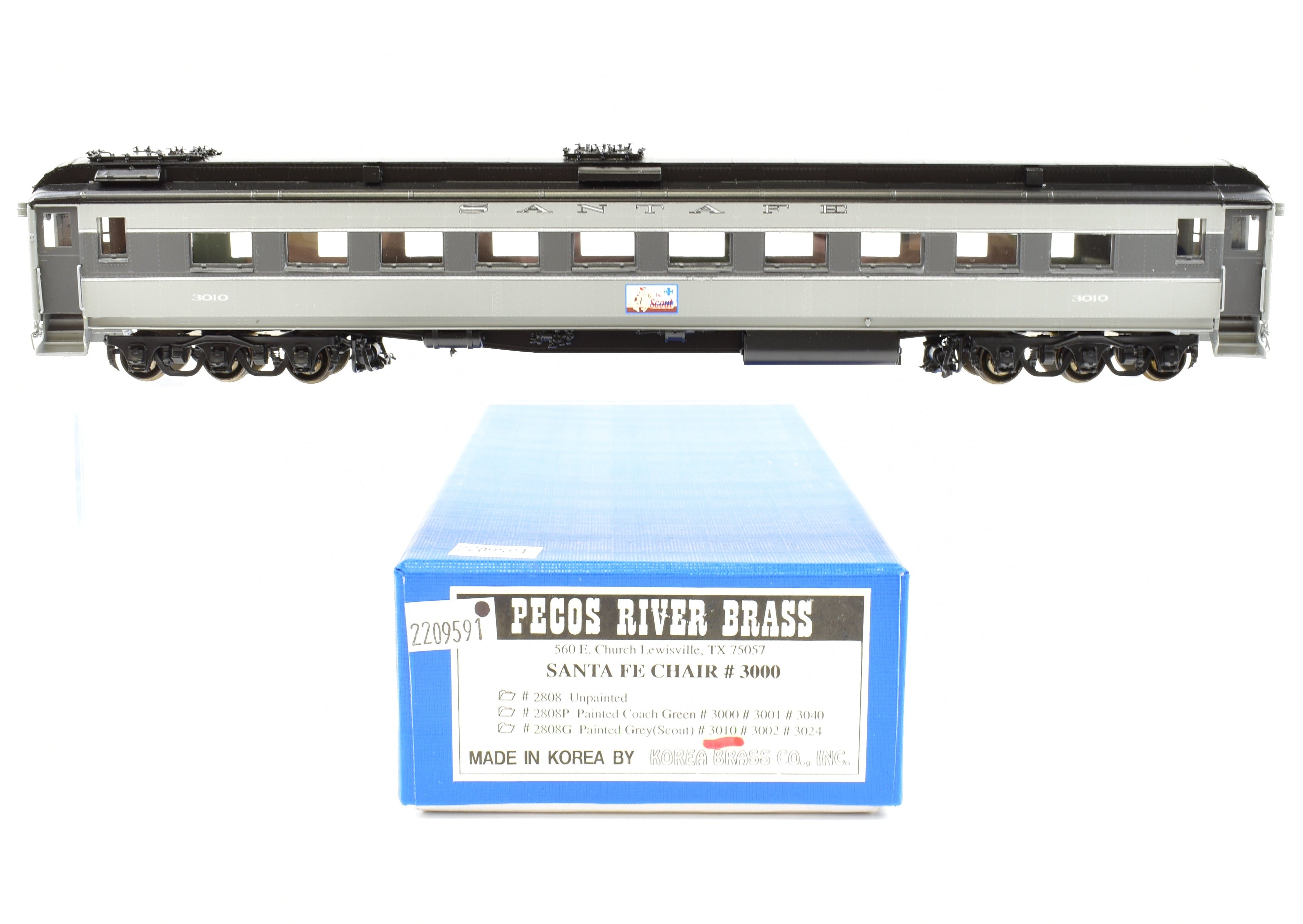 HO Scale Brass Model of Pecos River Brass ATSF - Santa Fe Heavyweight 3000 Series Chair Car FP Grey Named 'The Scout'