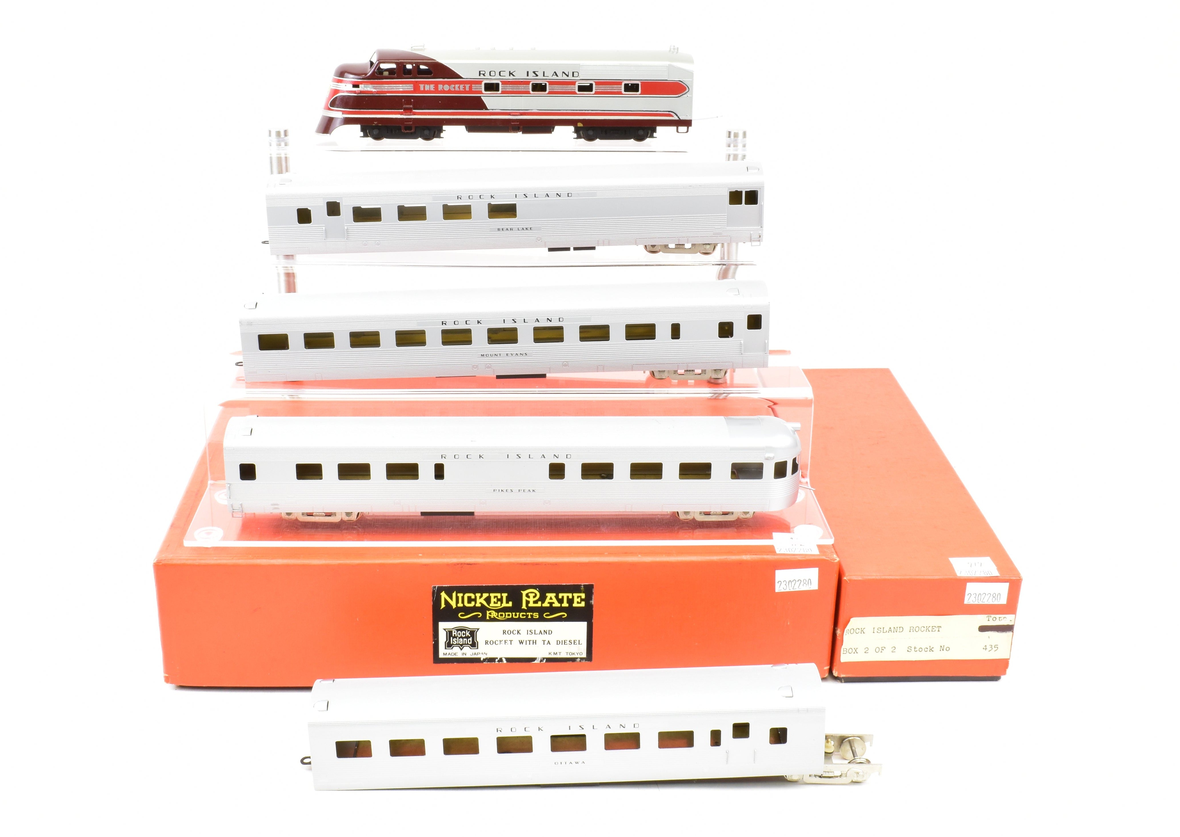 HO Scale Brass Nickel Plate Products CRI&P - Rock Island Rocket TA Locomotive and 4-Car Set with an Additional Factory-Painted Car