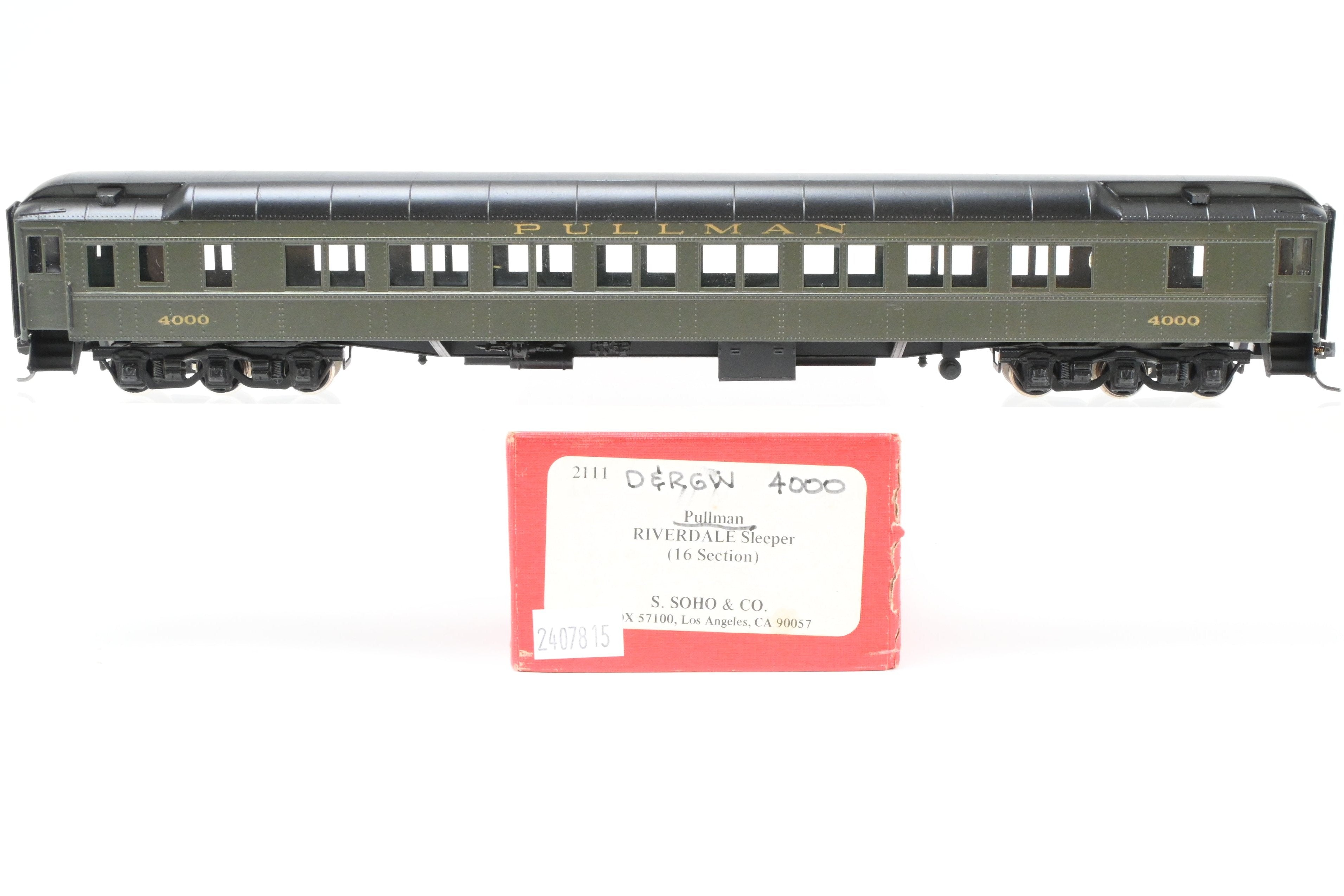 HO Scale Brass Model of Soho Pullman Riverdale 16 - Section Heavy - Weight Sleeper for Denver & Rio Grande Western Railroad, Numbered #4000
