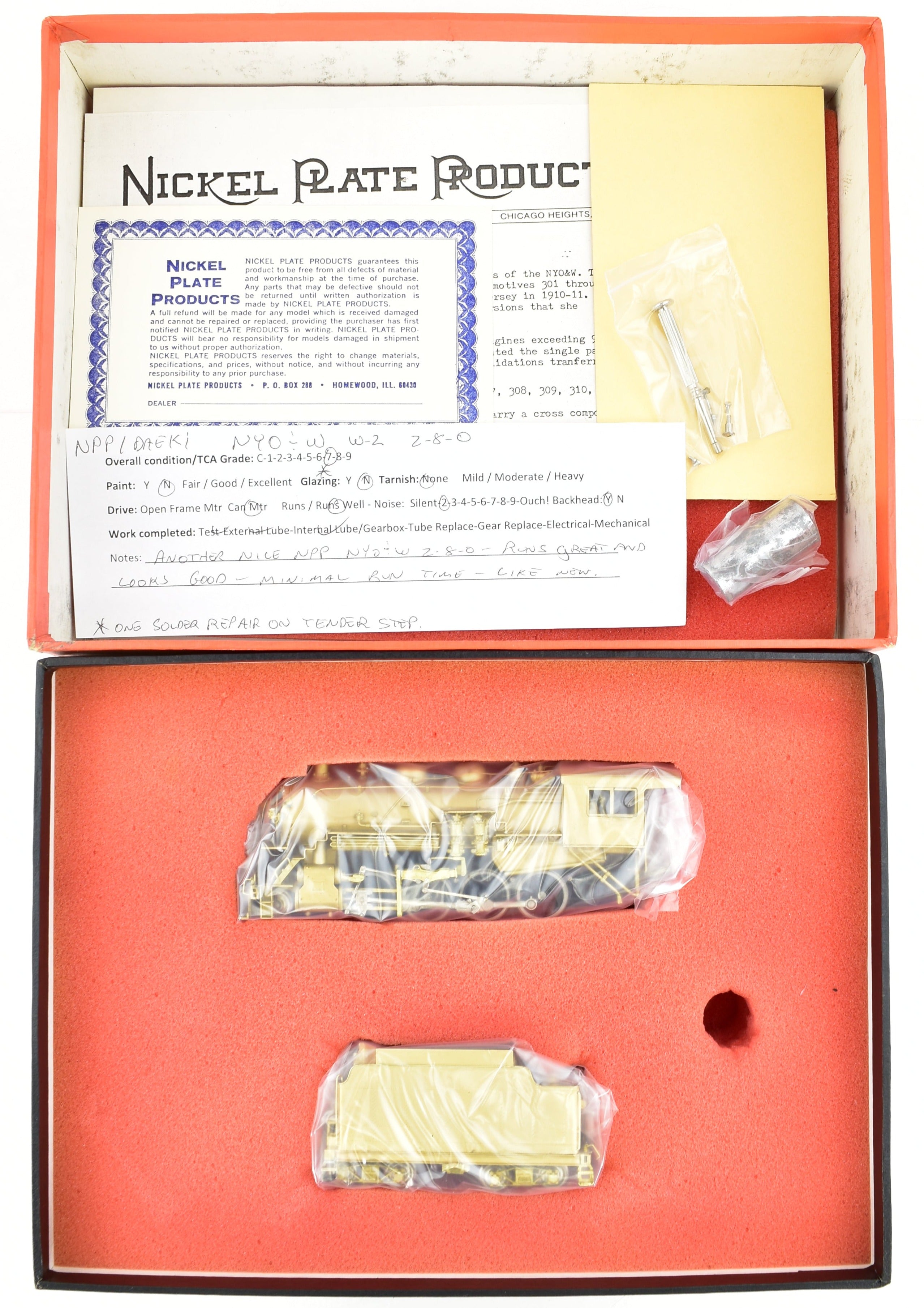HO Scale Brass Nickel - Plated NPP (Nickel Plate Products) New York Ontario & Western Class W - 2 2 - 8 - 0 Locomotive with Side - Mounted Air Pumps Model