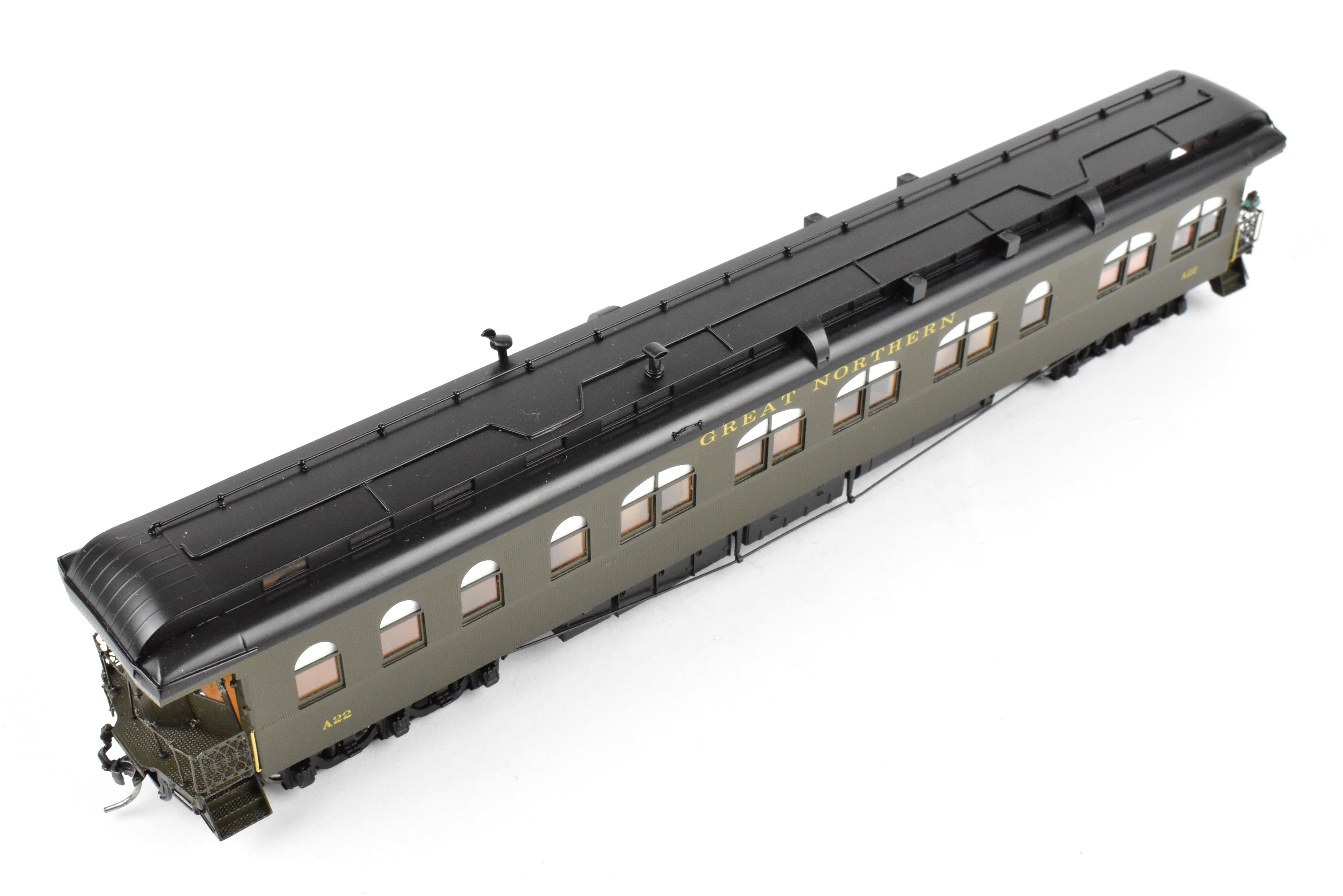 HO Scale Brass Model Train - North Bank Line (GN - Great Northern) A22 Business Car with Wood Sides in Pullman Green, Damaged - Sold As Is