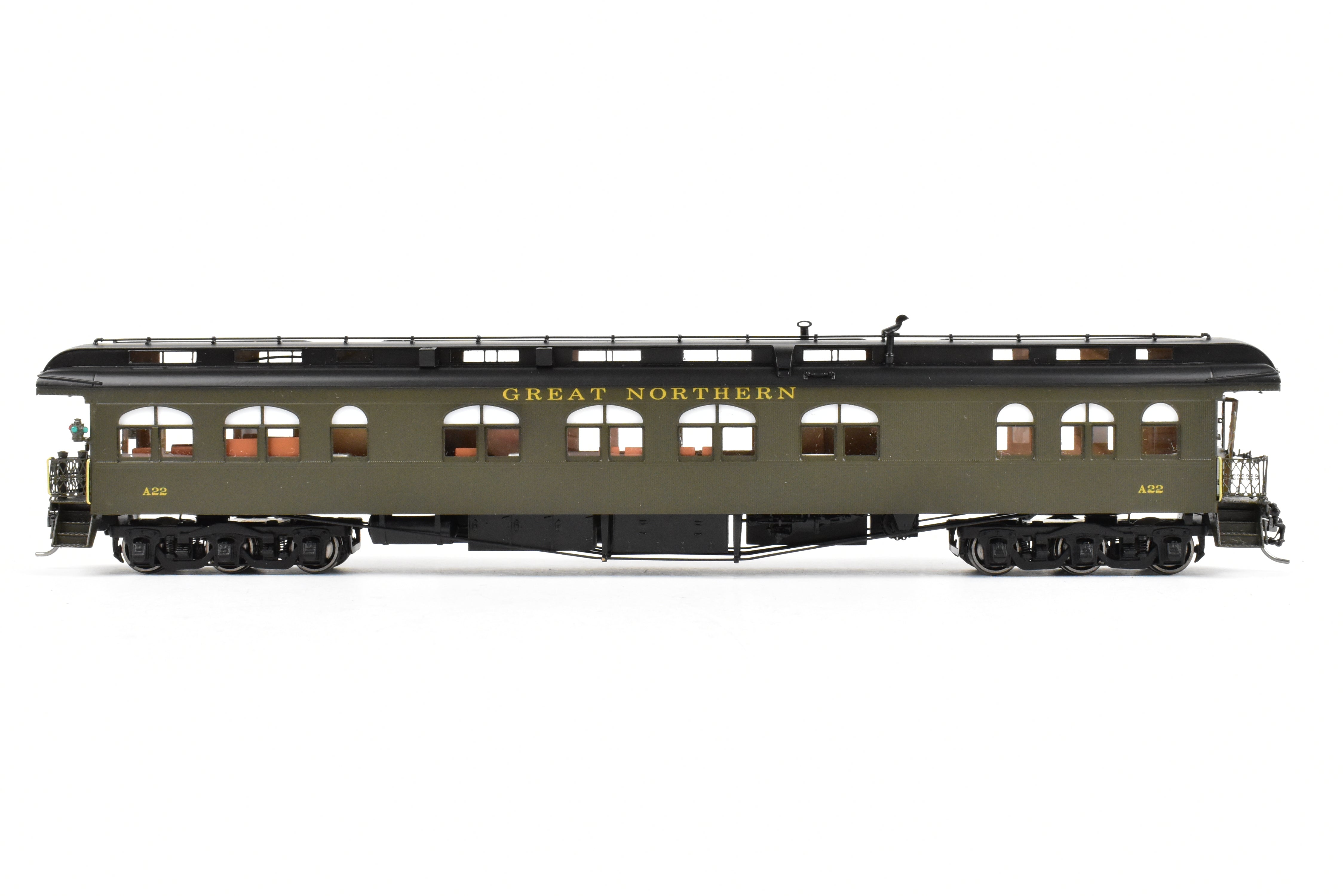 HO Scale Brass Model Train - North Bank Line (GN - Great Northern) A22 Business Car with Wood Sides in Pullman Green, Damaged - Sold As Is