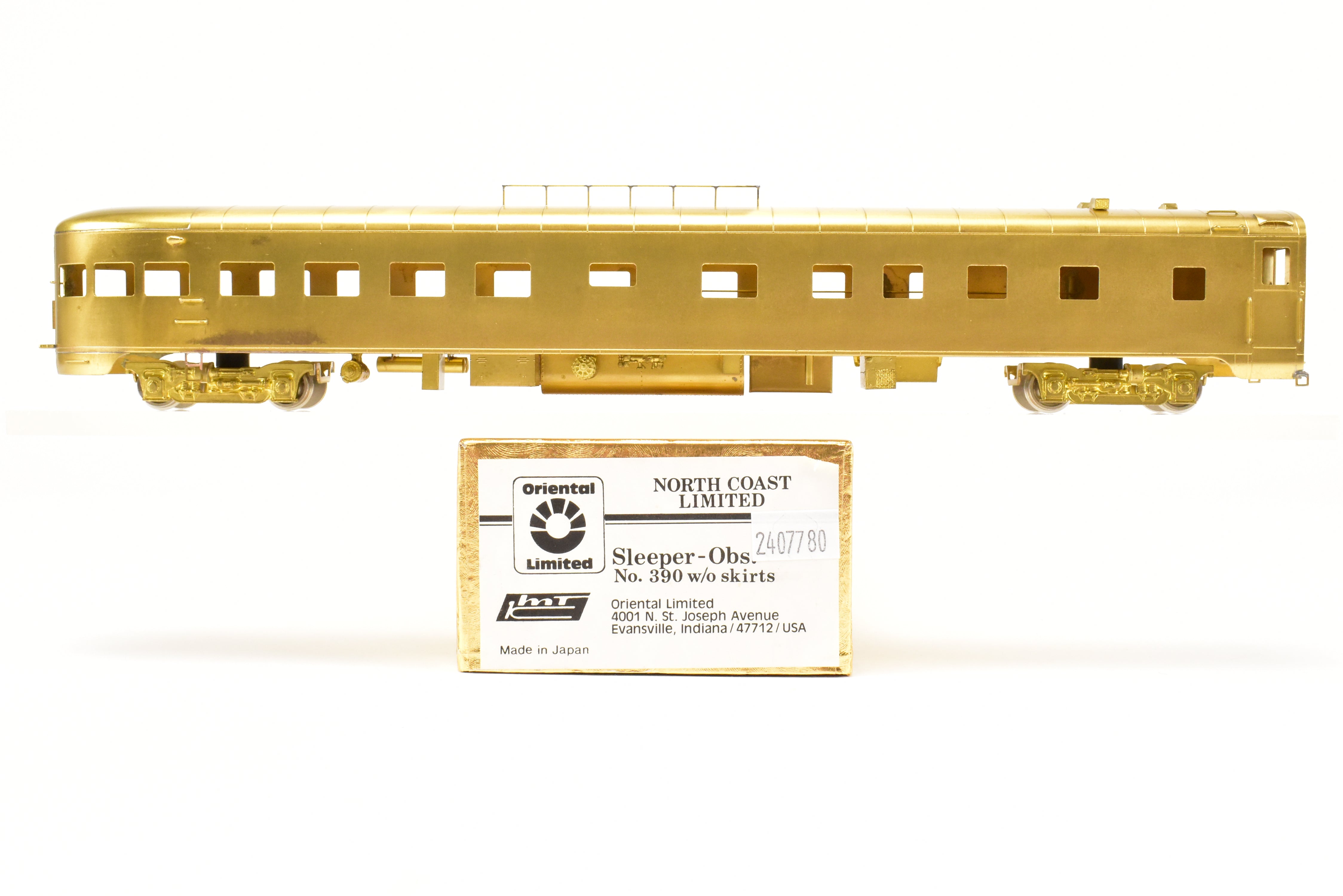 HO Scale Brass Model of the Oriental Limited Northern Pacific North Coast Limited Sleeper Observation Car #390 without Skirts