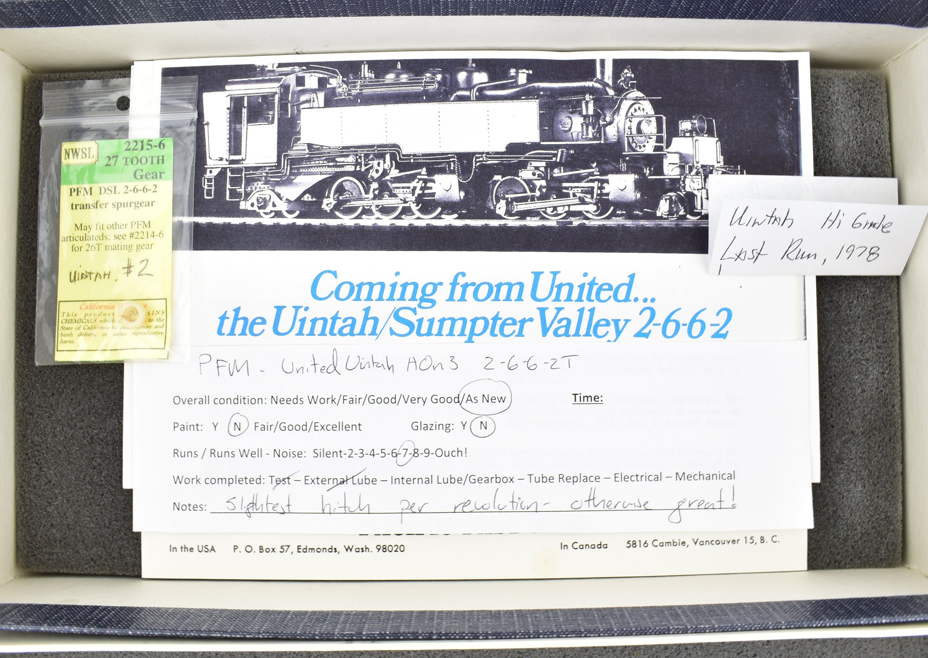 HOn3 Scale Brass Pacific Fast Mail (PFM) Model Train - United Uintah Railway 2-6-6-2T Configuration with High - Quality New Gears