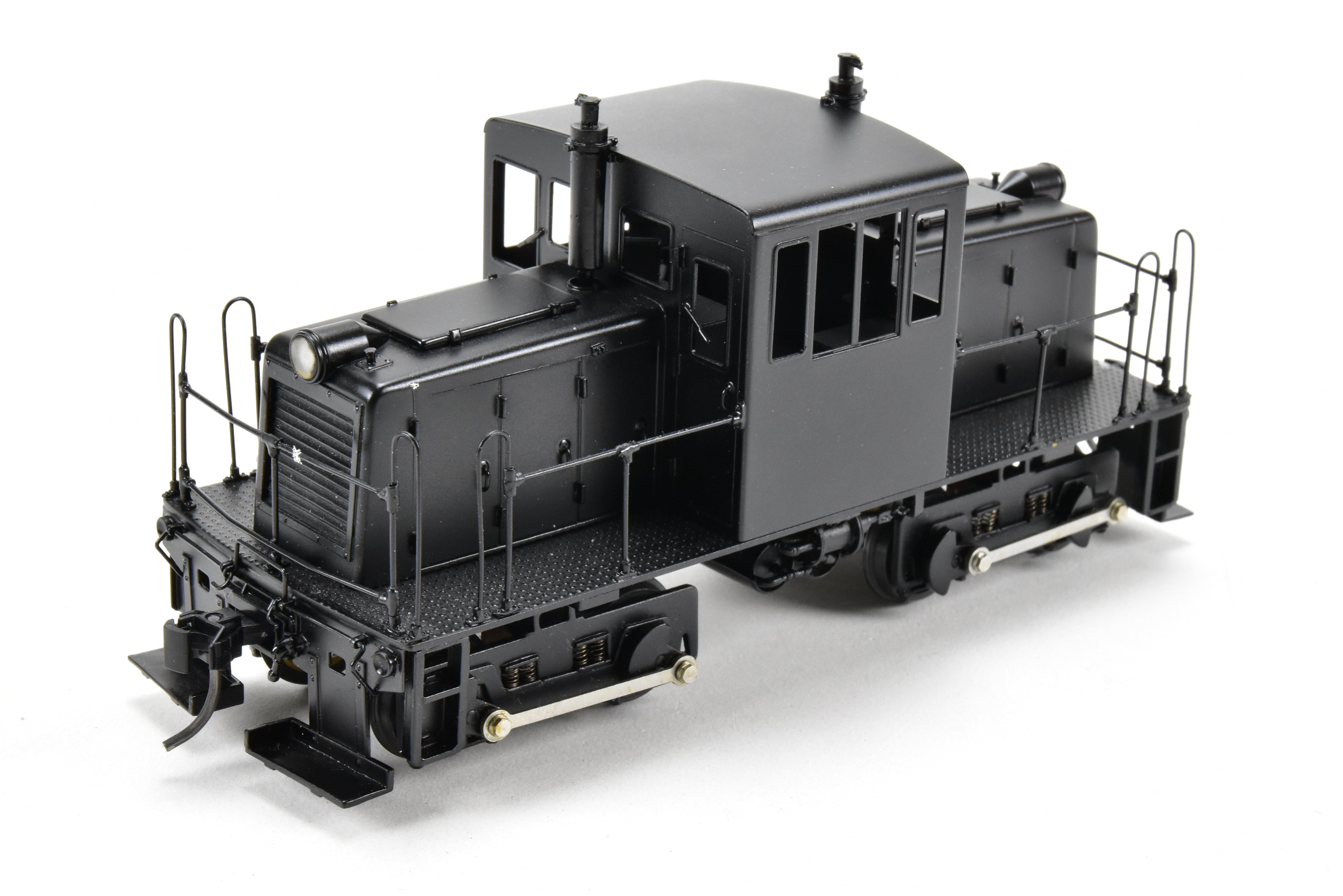 O Scale 1:48th Brass RYM - Rich Yoder Models 45 Ton Side-Rod Diesel FP in Glossy Black, Unlettered, Ideal for Shortline/Industrial Switching