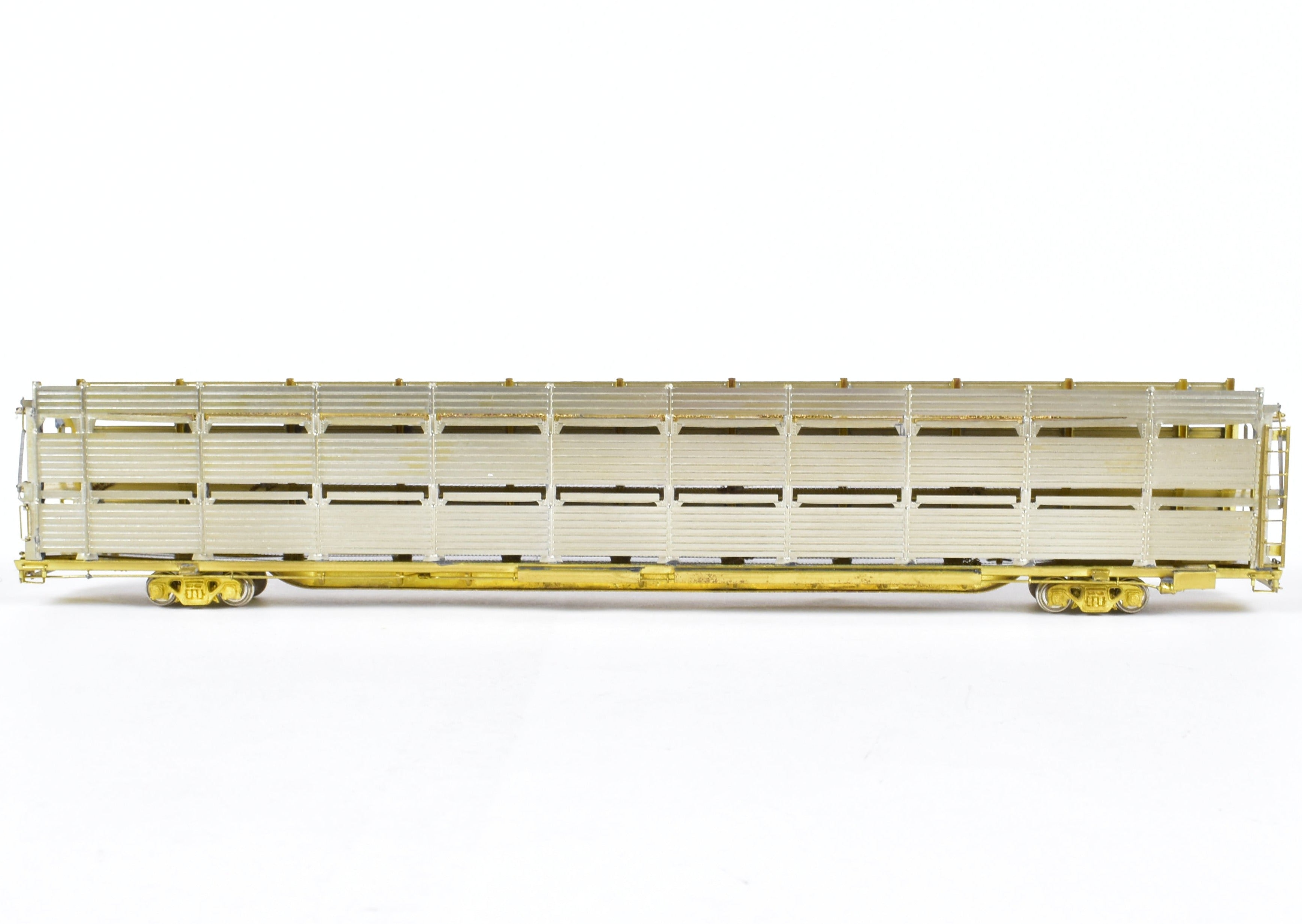 HO Scale Brass Tri - Level Auto Rack Model by Overland Models, Inc. (OMI) for Various Railroads like ATSF, BN, CR, N&W, and SP with Pressed Sides and Optional Roof