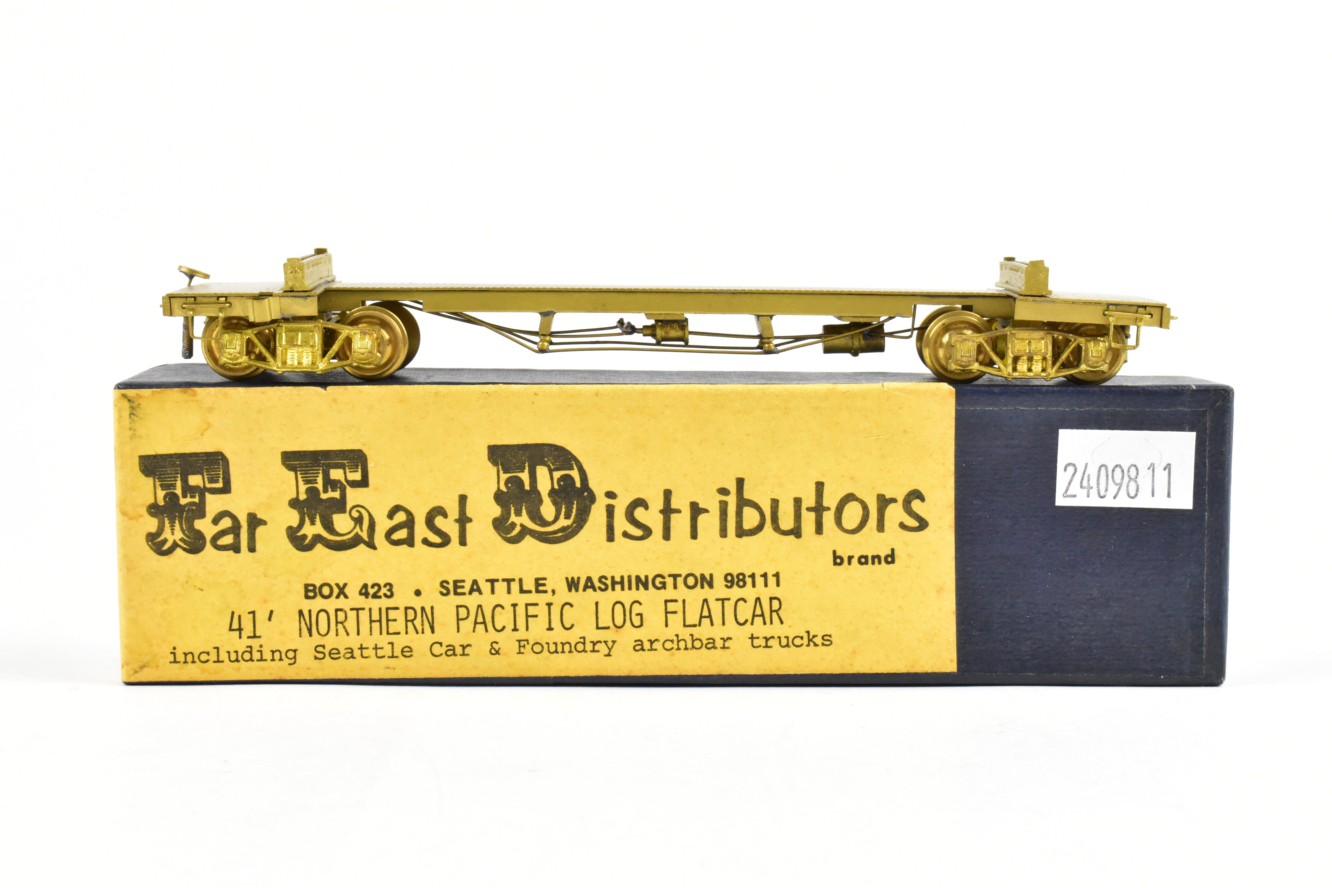 HO Scale Brass Model Train Log Car by Far East Distributors - Northern Pacific 41-Foot Log Car with Seattle Car & Foundry Archbar Trucks