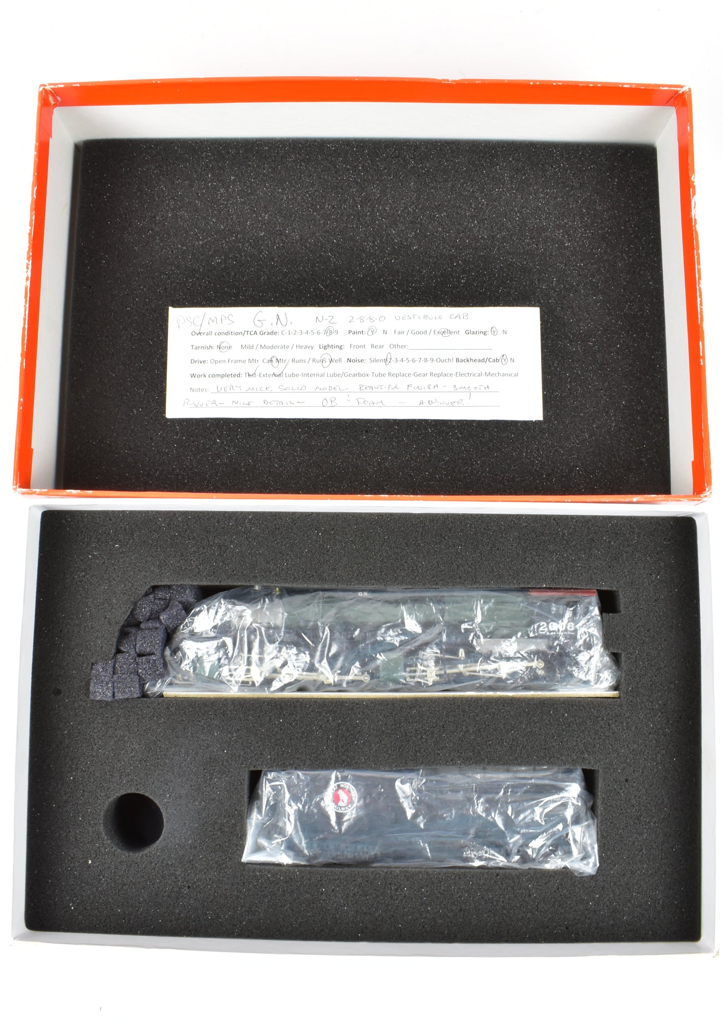 HO Scale Brass Model Train - Precision Scale Co. (PSC) Great Northern Class N - 2 2 - 8 - 8 - 0 Locomotive with Vestibule Cab in Glacier Park Painting Scheme