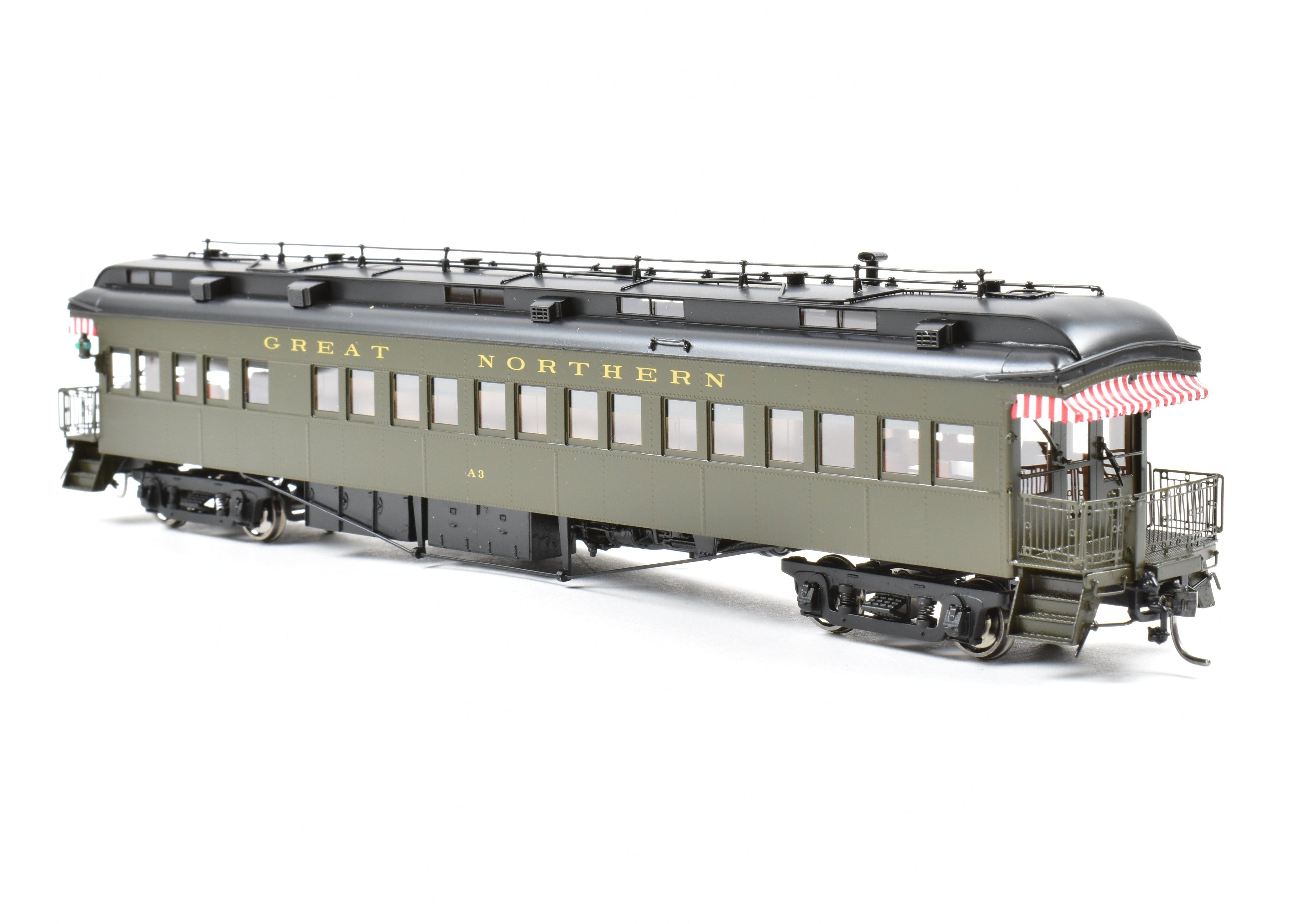 High - Quality HO Scale New Brass Model Train: North Bank Line (NBL) and Great Northern (GN) 2nd A3 Business Car in Pullman Green Color