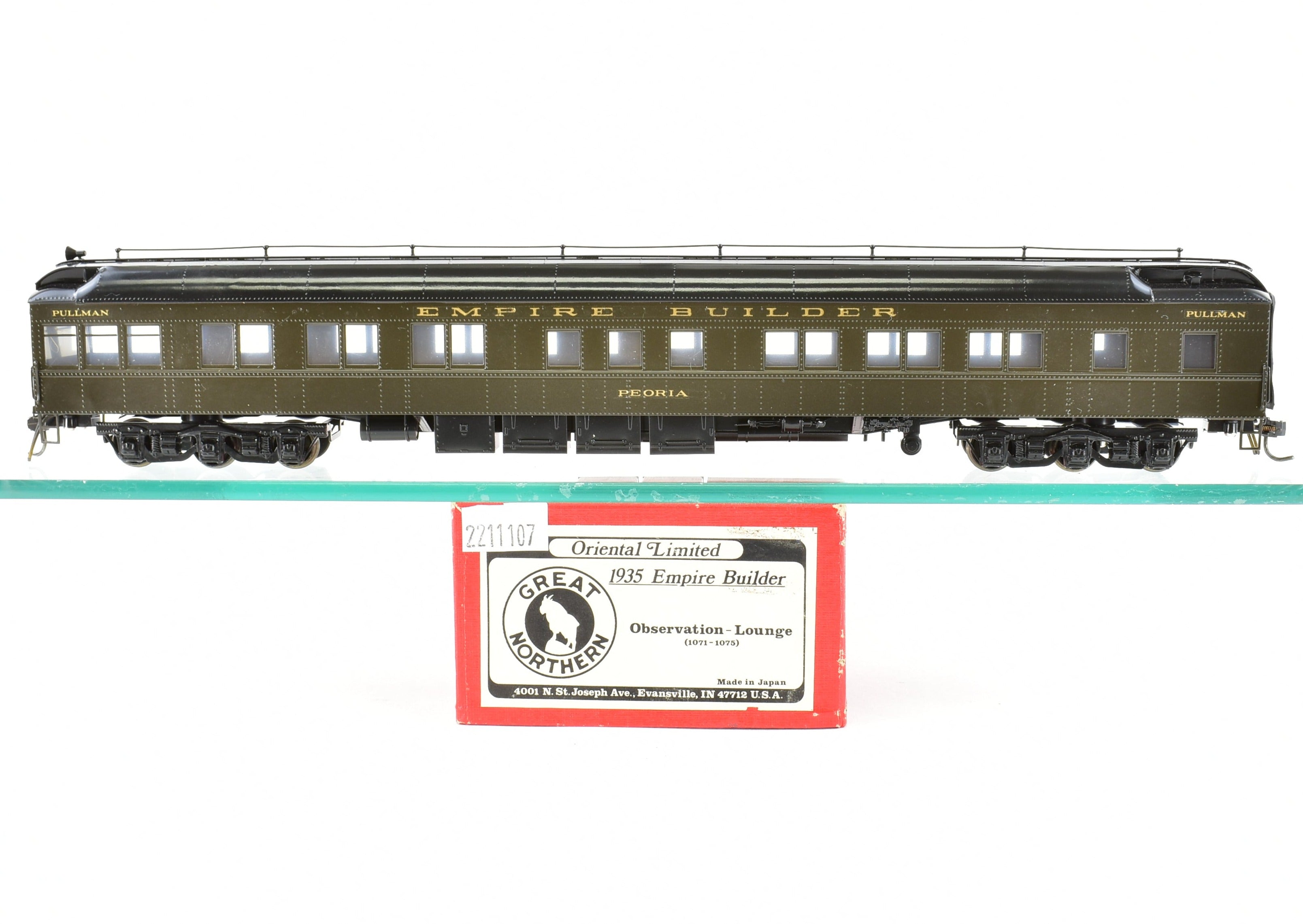 HO Scale Brass Model Train - Oriental Limited GN, Great Northern 1935 Empire Builder Observation Lounge Cars 1071 - 1075 CP Peoria