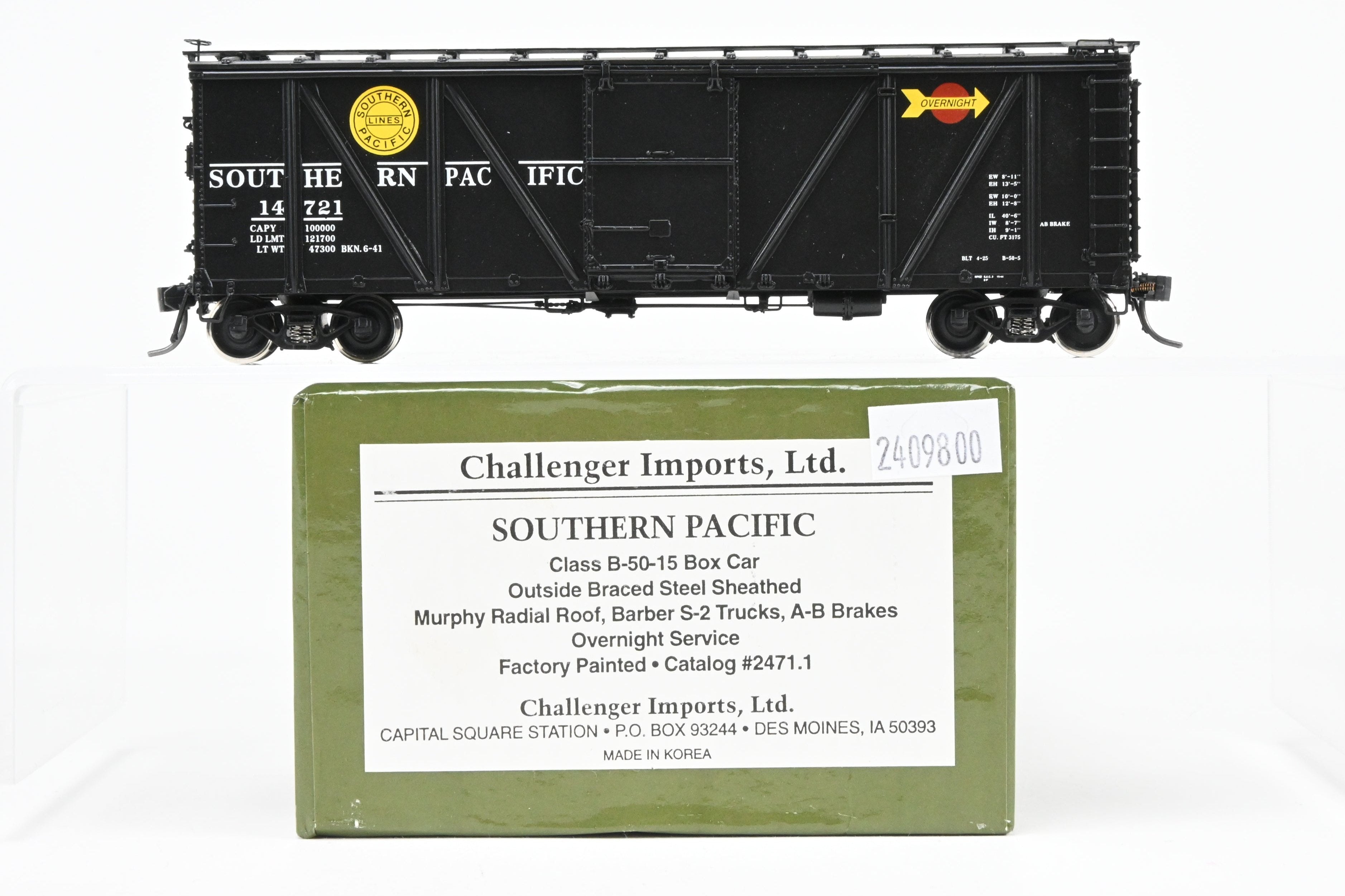 HO Scale Brass Box Car - Challenger Imports SP - Southern Pacific Class B - 50 - 15 Outside Braced Steel Sheathed Box Car with Murphy Radial Roof, Factory Painted for Overnight Service #14721