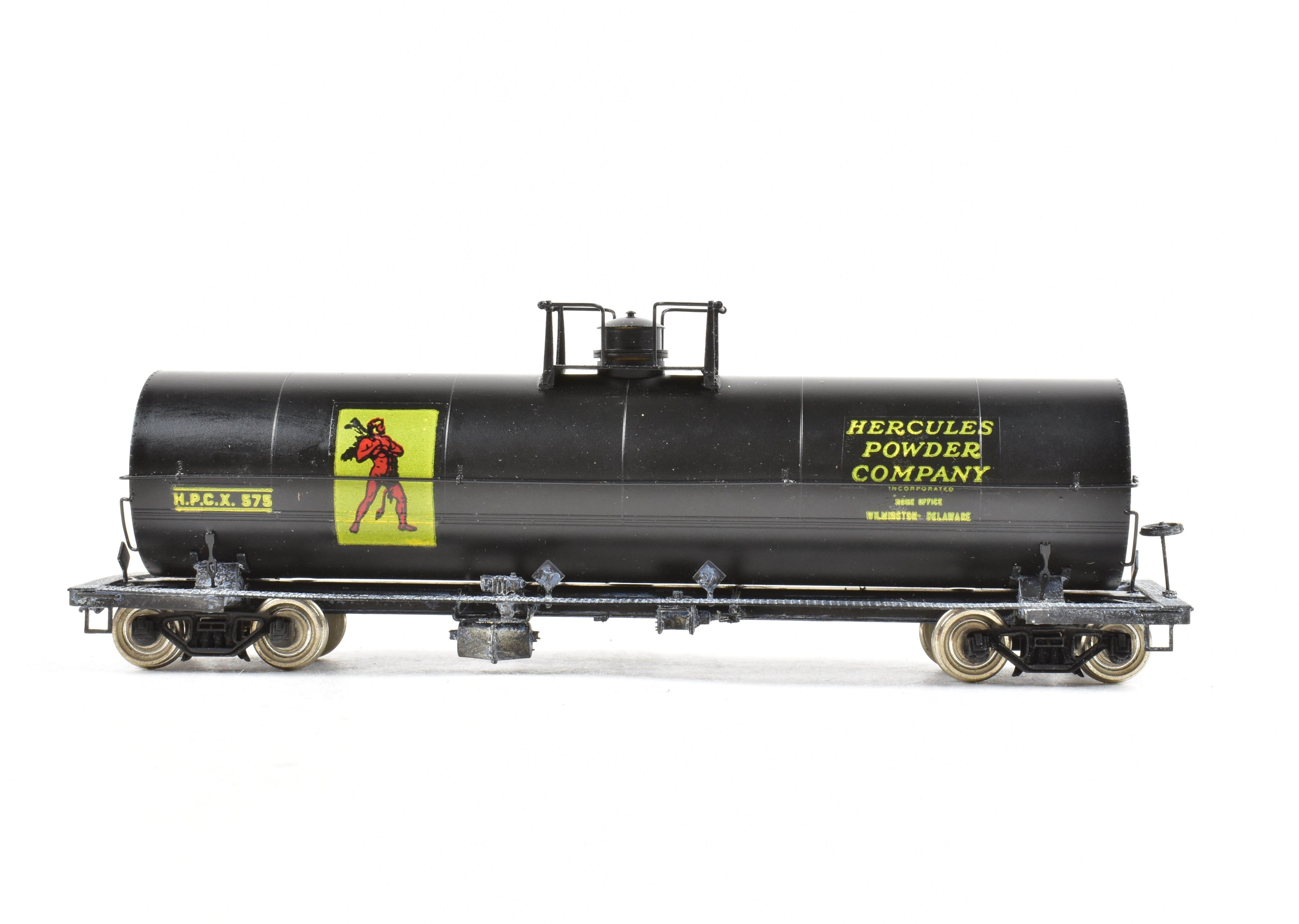 HO Scale Brass Precision Scale Co. 12,000 Gallon Tank Car, Professionally Painted Black with Hercules Powder Company Lettering