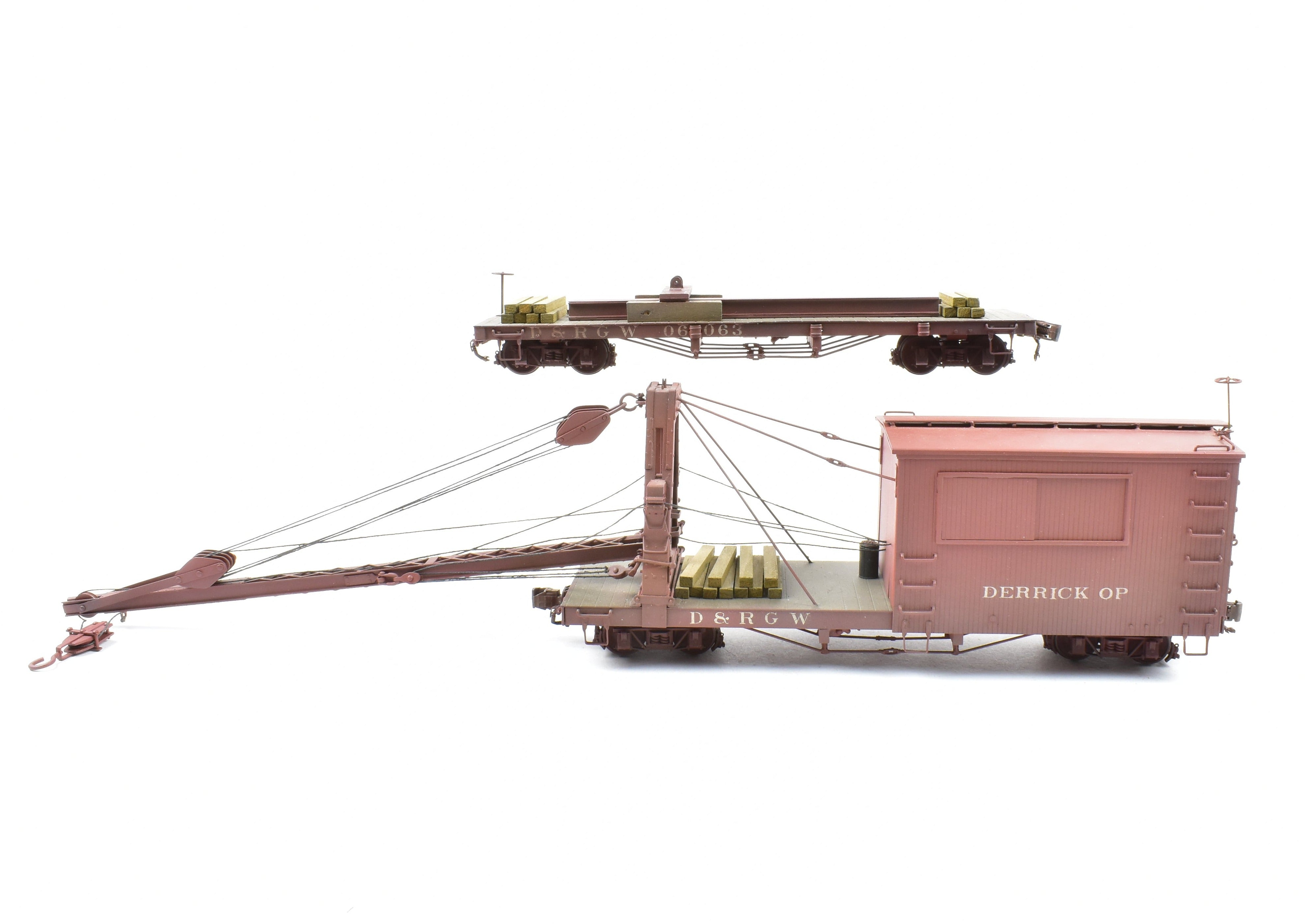 Custom Painted On3 Brass Model of D&RGW - Denver & Rio Grande Western Derrick OP with Idler Car by Westside Model Co.