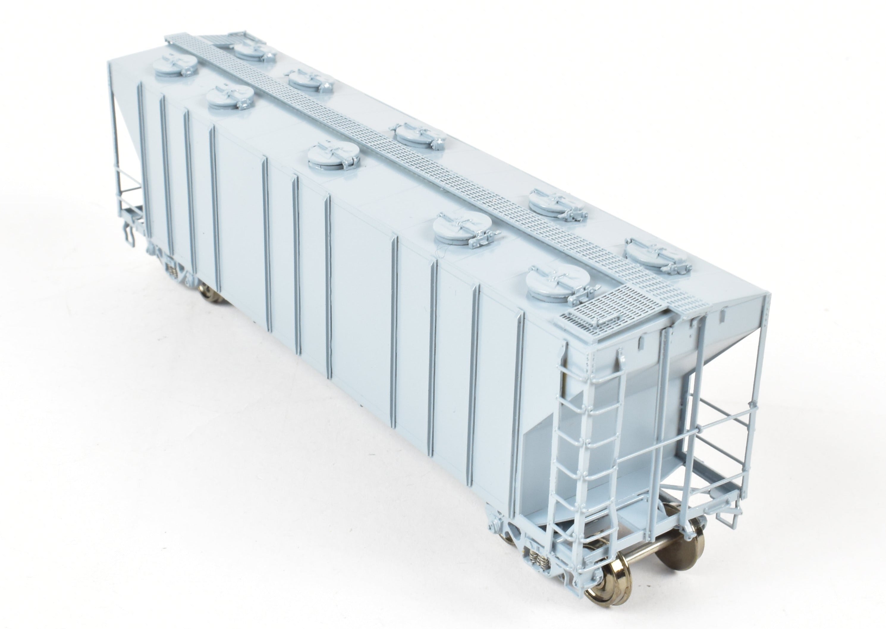 HO Scale Brass PS - 2 Central Discharge Covered Hopper Car Model by Overland Models, Inc. (OMI) in Various Roads, Factory - Painted Scalecoat #20 Grey and Unlettered