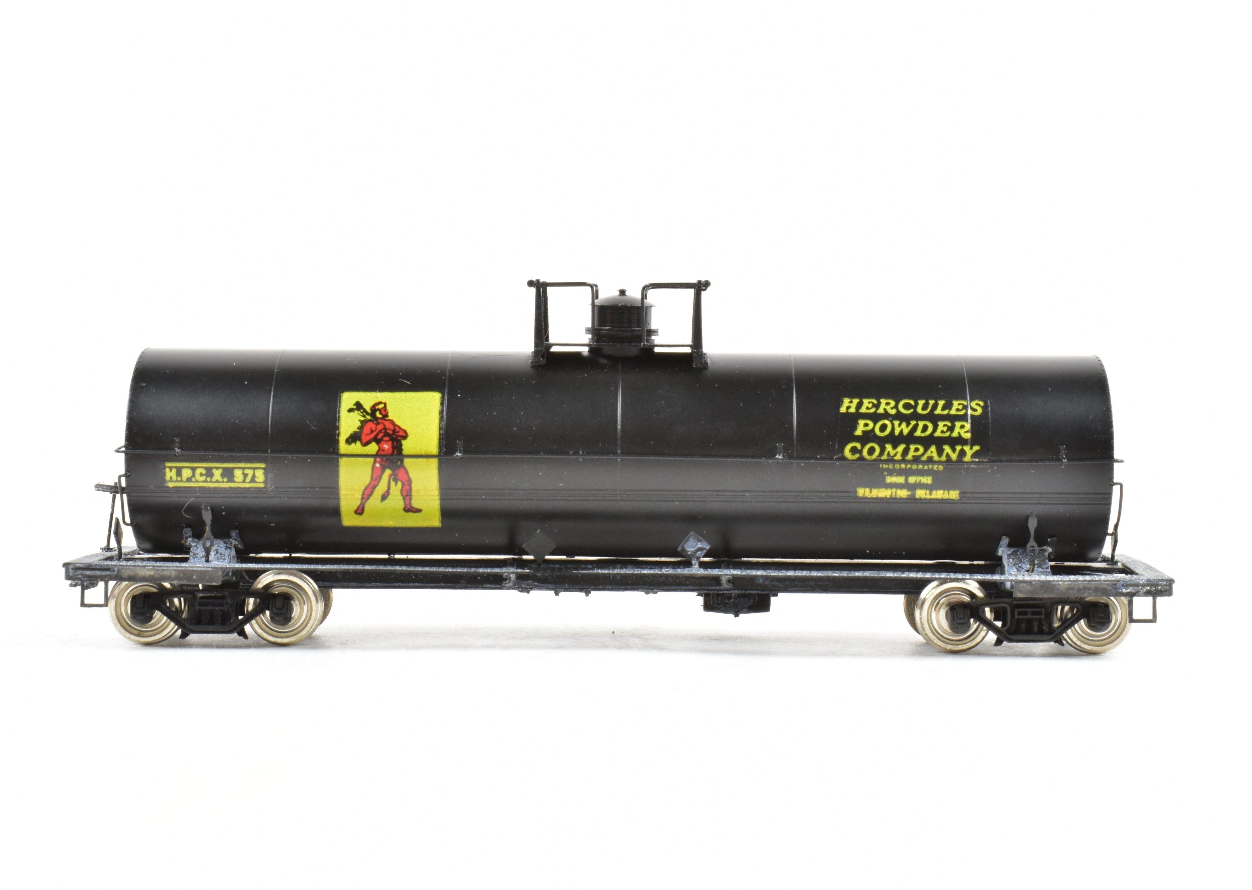 HO Scale Brass Precision Scale Co. 12,000 Gallon Tank Car, Professionally Painted Black with Hercules Powder Company Lettering