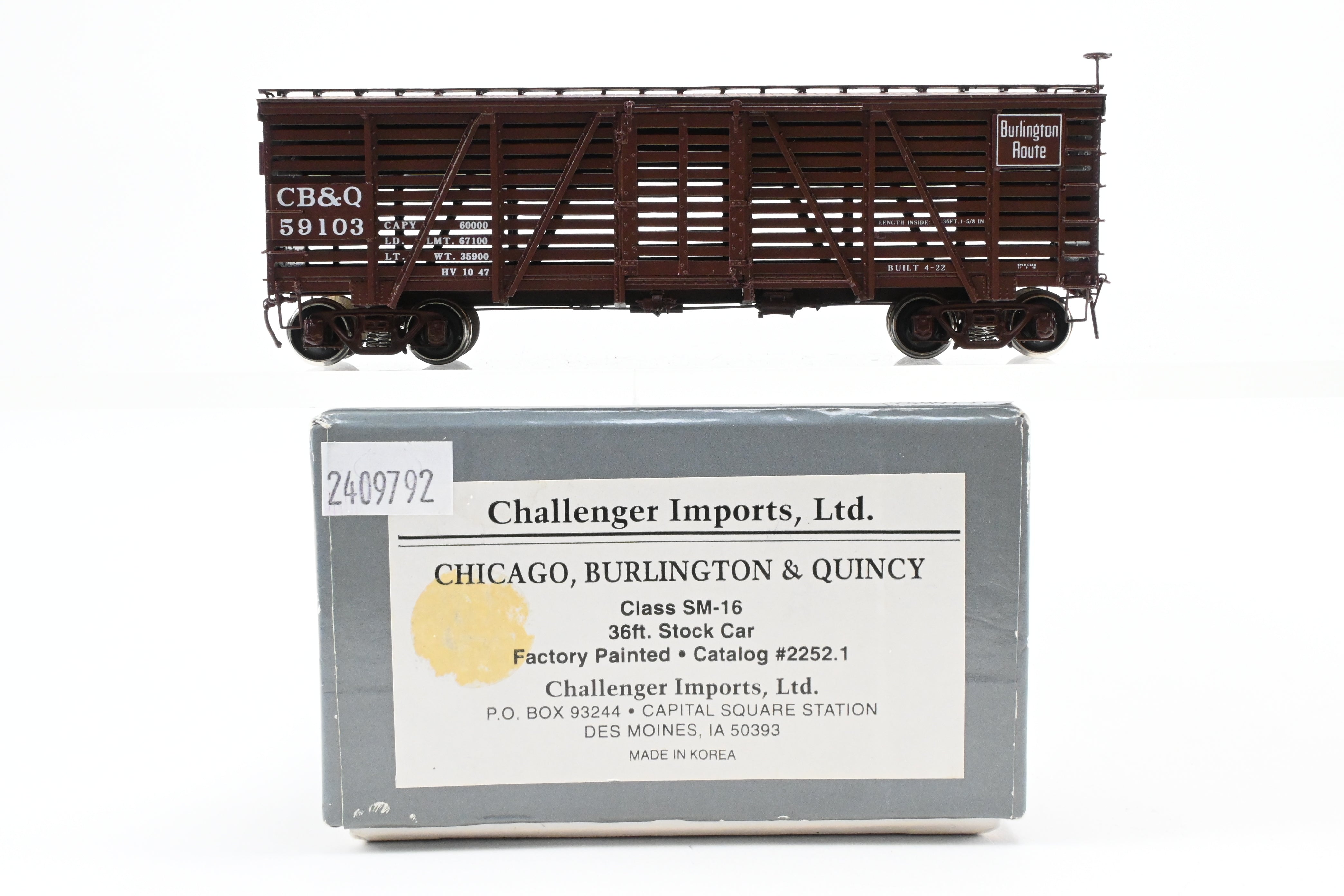 HO Scale Brass Challenger Imports CB&Q - Burlington Route Class SM - 16 36 - Foot Stock Car Model, Factory - Painted FP No. 59103