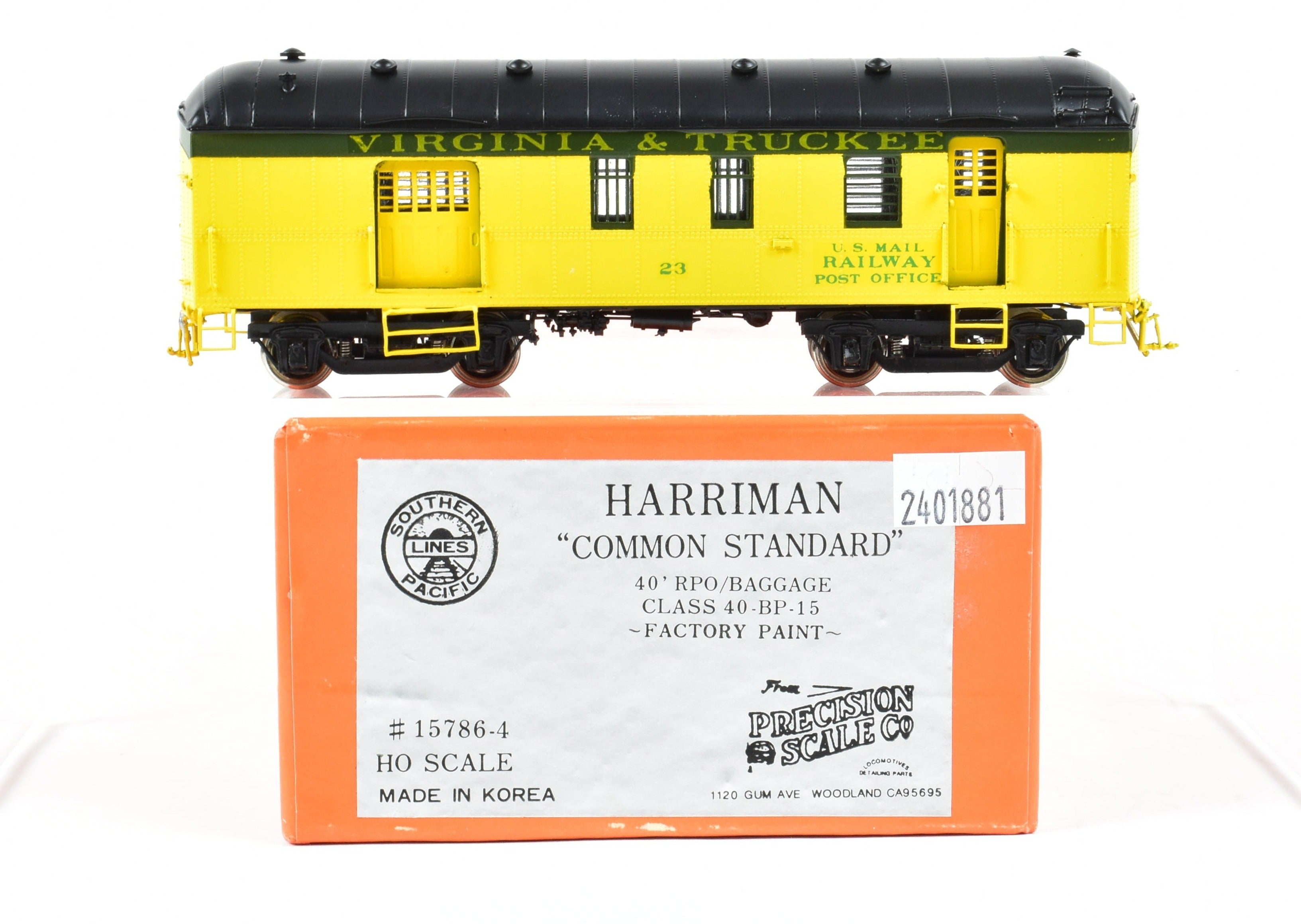 HO Scale Brass Precision Scale Co. Model of Virginia & Truckee 40-Foot RPO/Baggage Car, Class 40-BP-15 FP