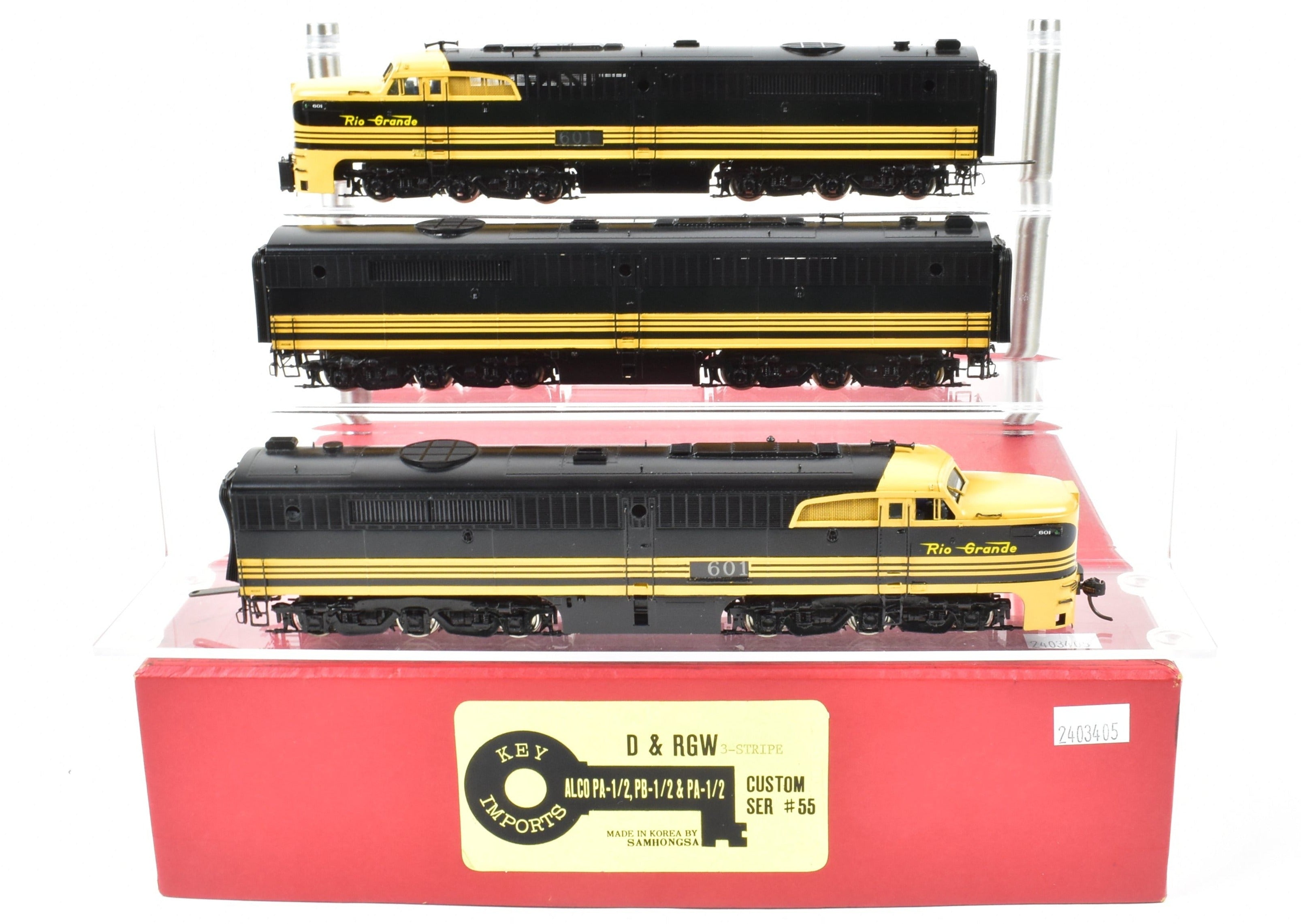 HO Scale Brass Model Train Key Imports D&RGW - Denver & Rio Grande Western Alco PA A/B/A Set Locomotive in Black and Yellow Color Scheme