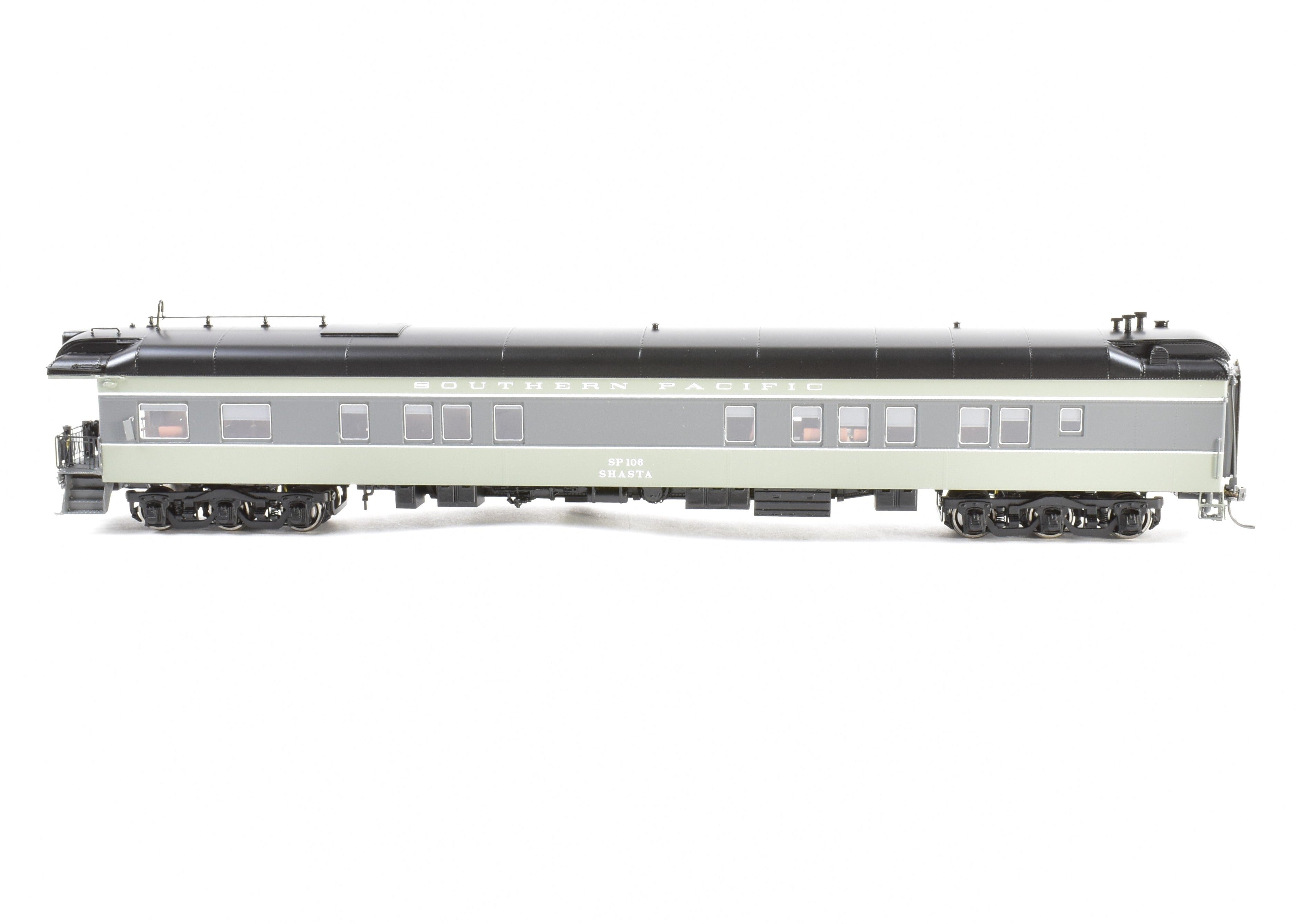 High - Quality HO Scale New Brass Model of North Bank Line Southern Pacific Shasta #106 Business Car in Two - Tone Grey Color