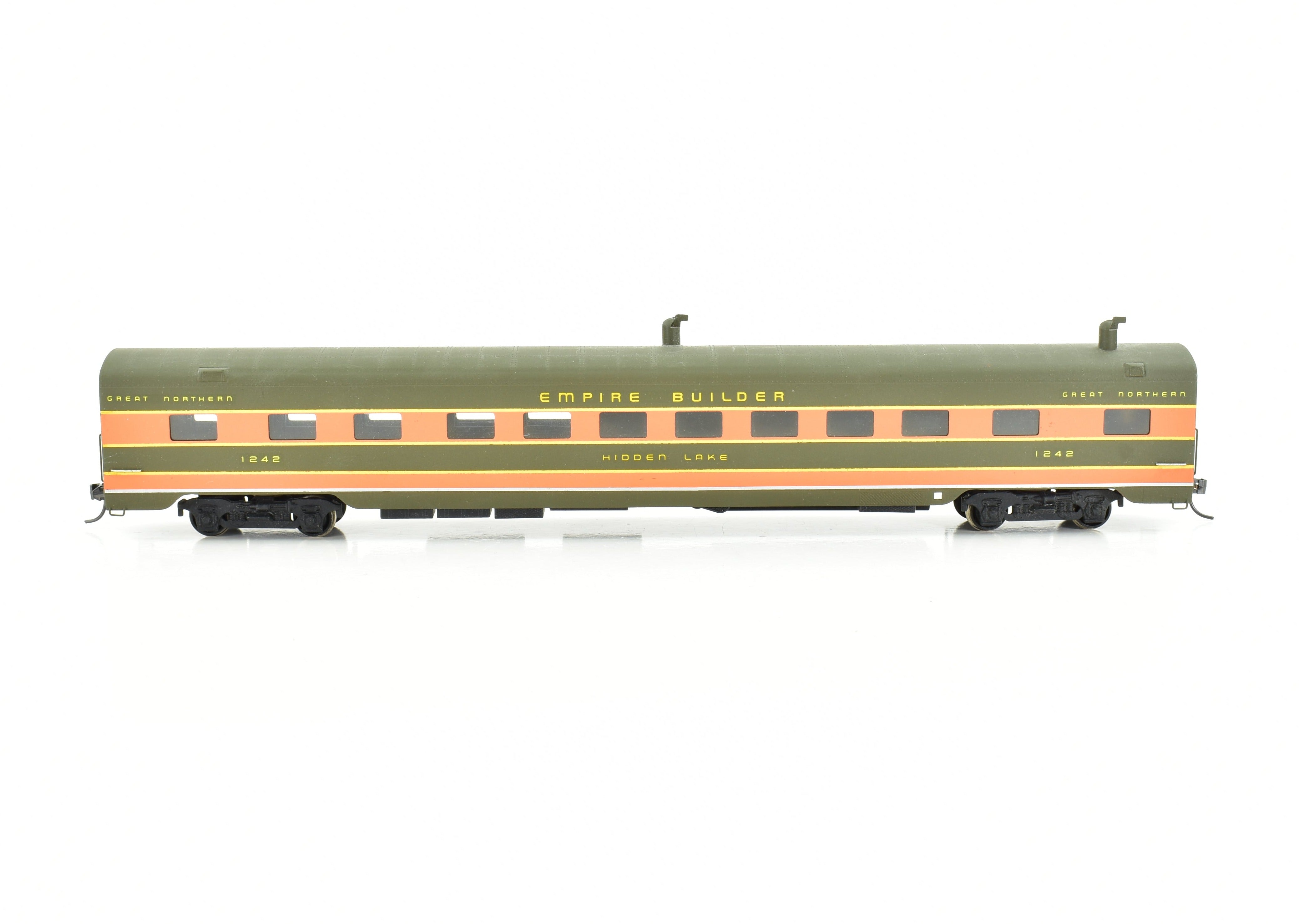 HO Scale Custom Painted Brass Ranch Car Model by S. Soho & Co., Great Northern #1240, Empire Builder No. 1242 'Hidden Lake'