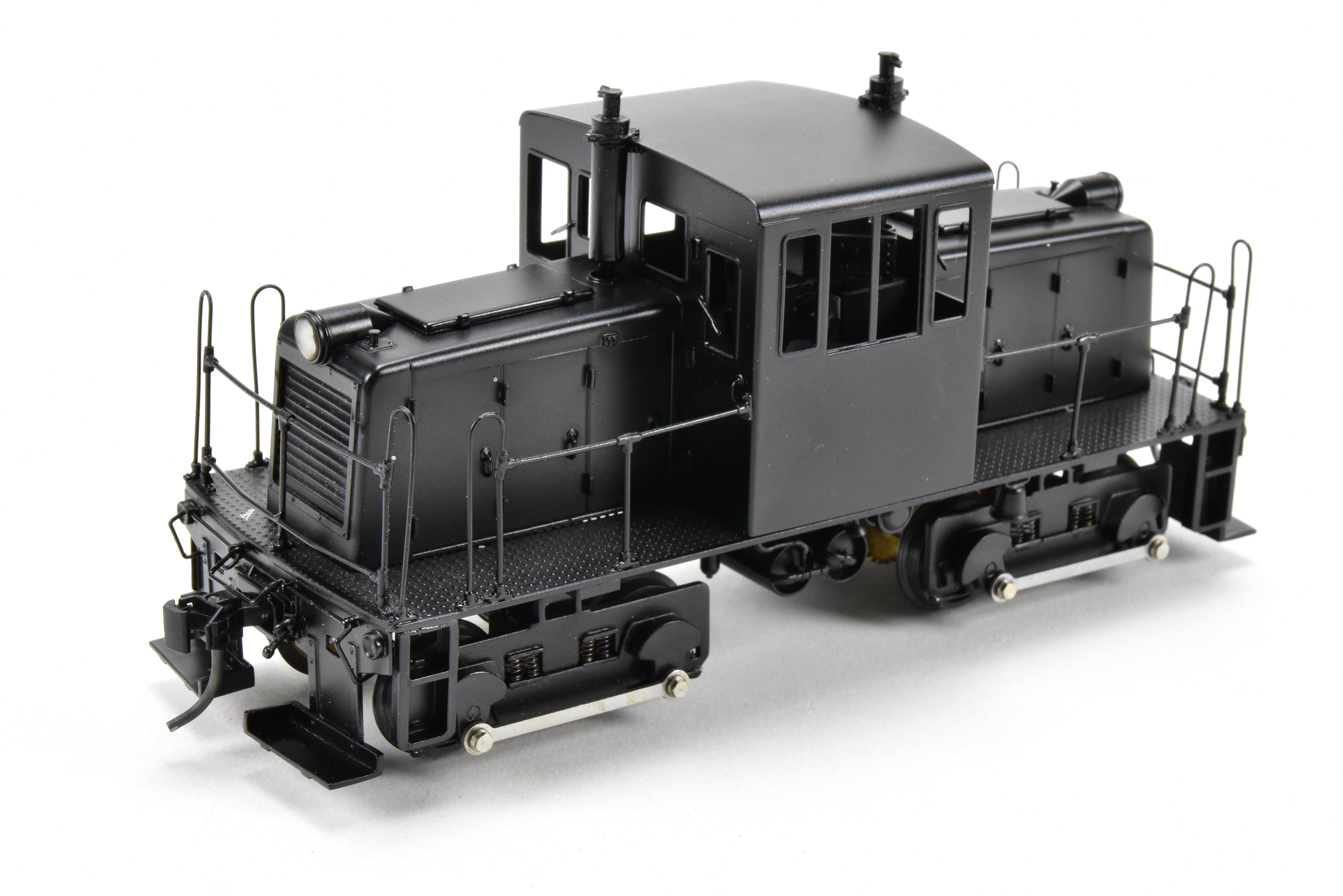 O Scale 1:48th Brass RYM - Rich Yoder Models 45 Ton Side-Rod Diesel FP in Glossy Black, Unlettered, Ideal for Shortline/Industrial Switching