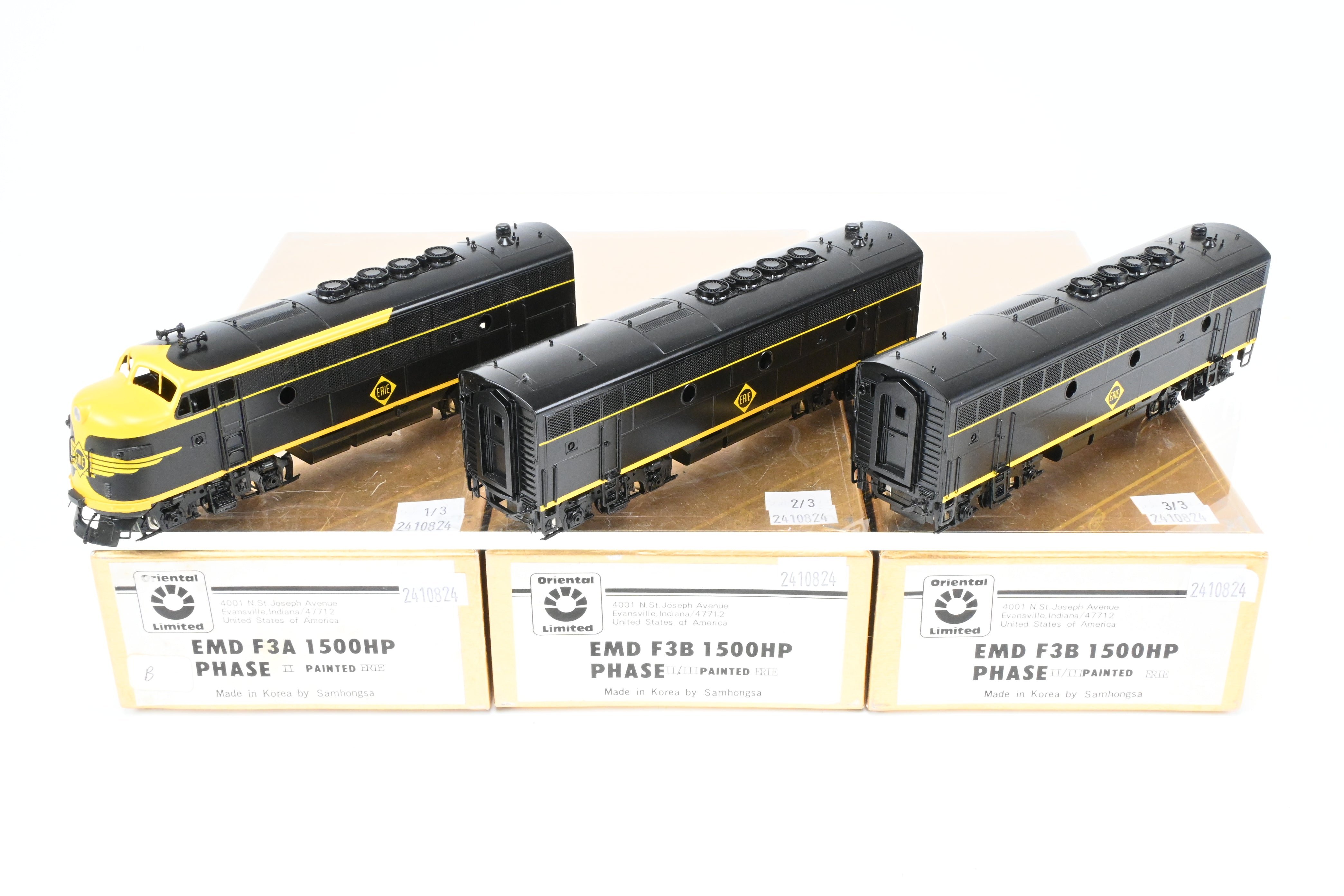 HO Scale Brass Erie Railroad EMD F3A/F3B/F3A 1500 HP Phase II/III FP Set by Oriental Limited