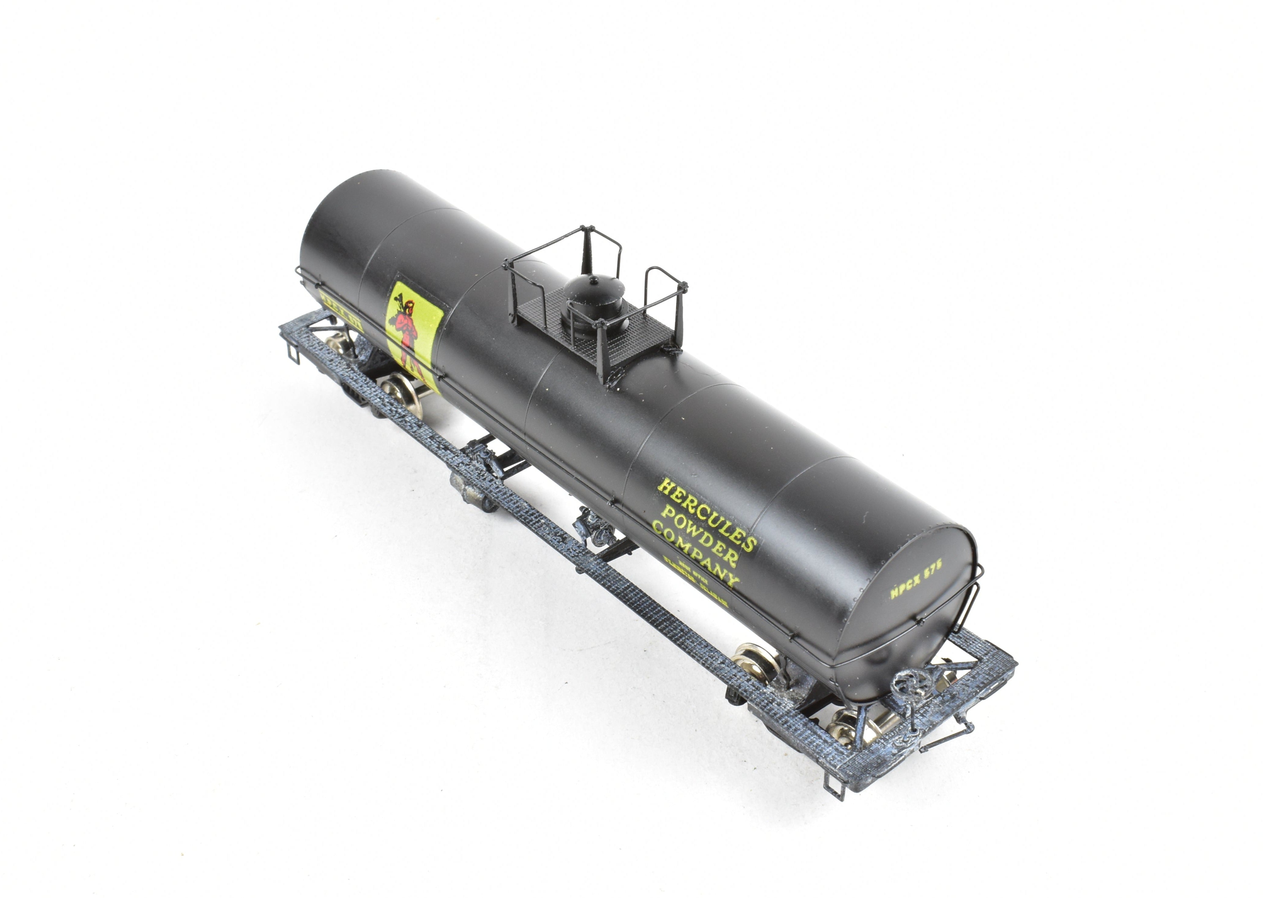 HO Scale Brass Precision Scale Co. 12,000 Gallon Tank Car, Professionally Painted Black with Hercules Powder Company Lettering