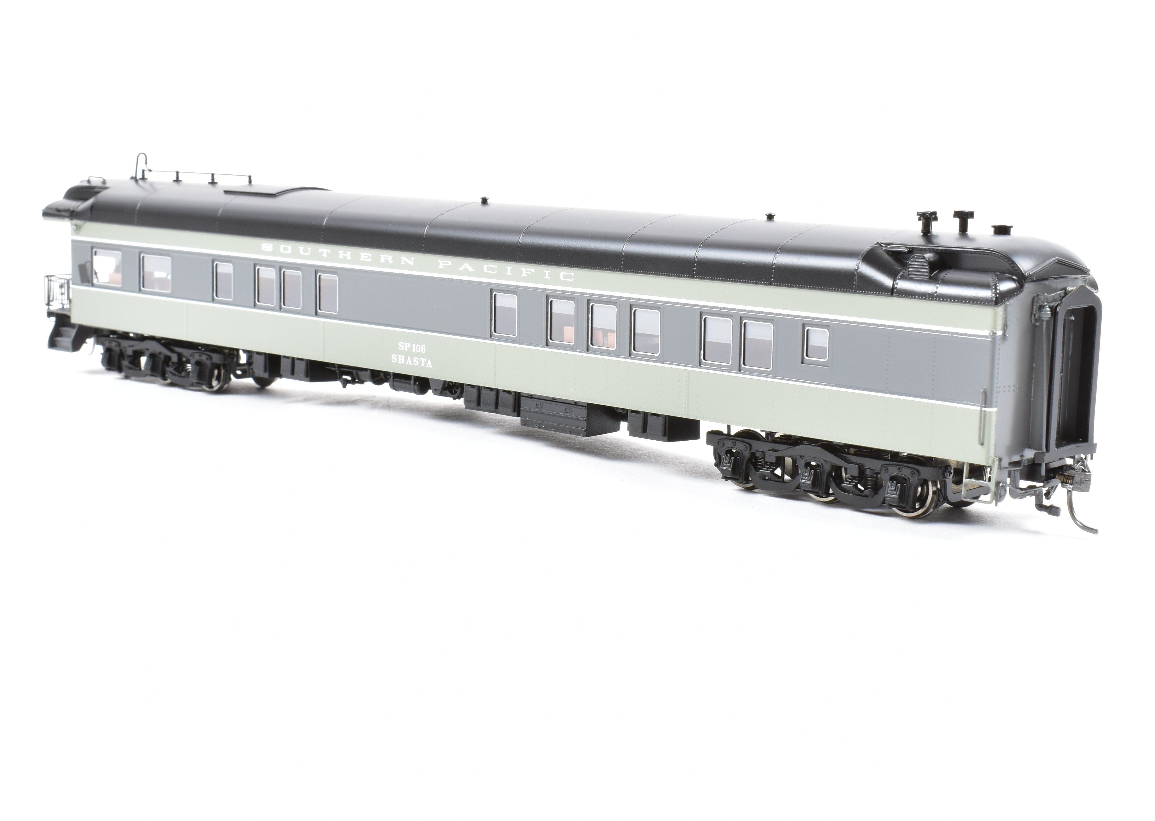 High - Quality HO Scale New Brass Model of North Bank Line Southern Pacific Shasta #106 Business Car in Two - Tone Grey Color