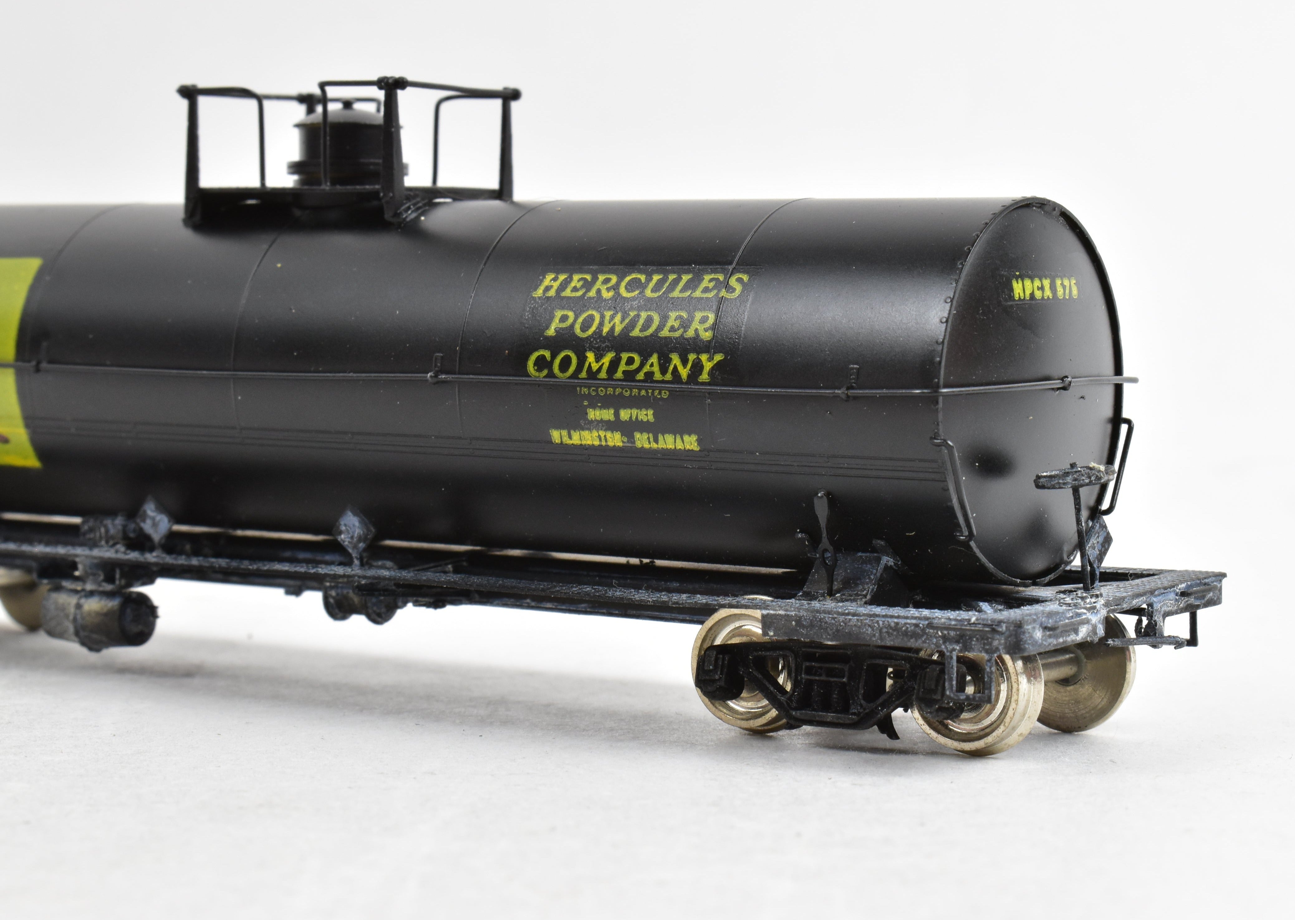 HO Scale Brass Precision Scale Co. 12,000 Gallon Tank Car, Professionally Painted Black with Hercules Powder Company Lettering