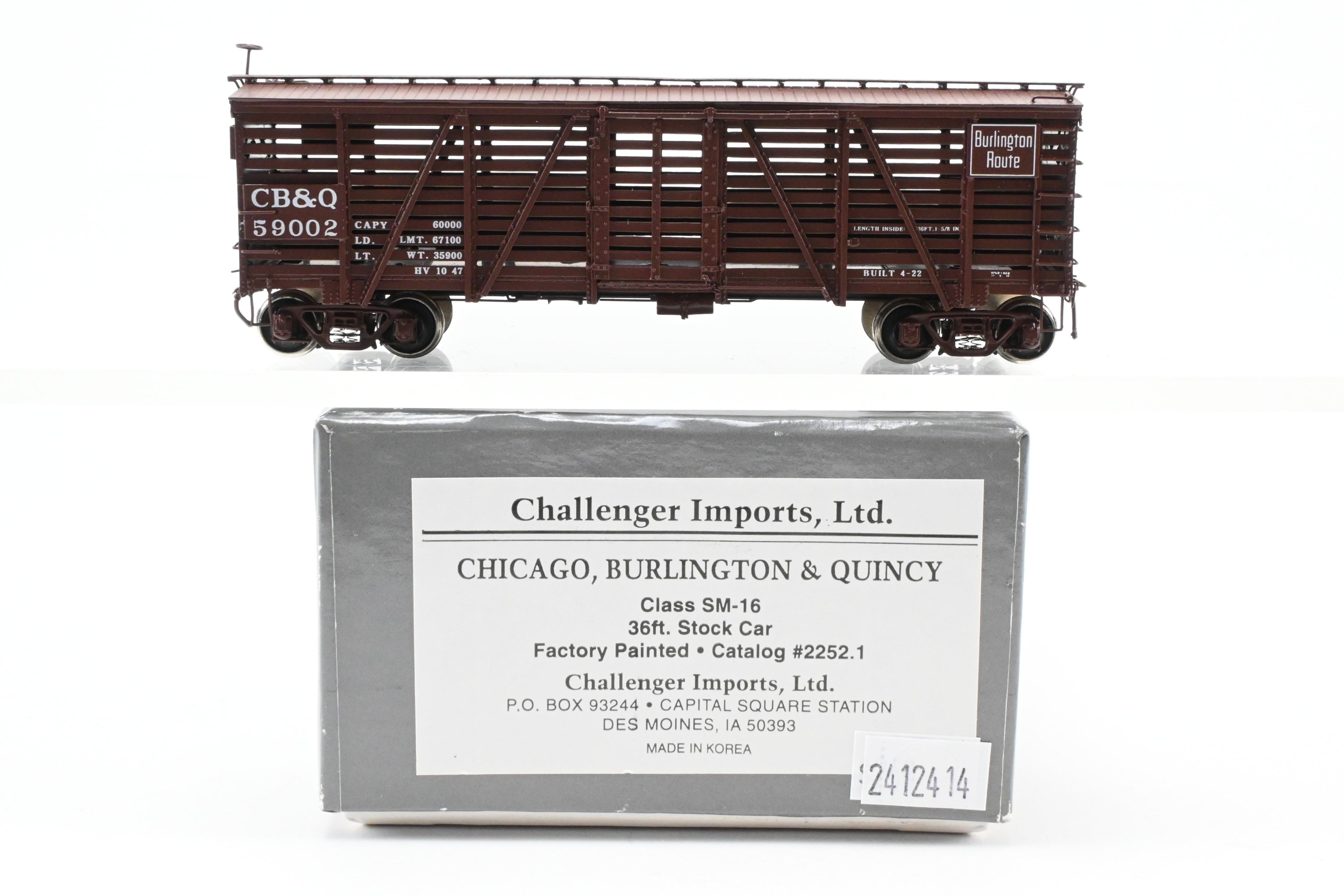 HO Scale Brass Challenger Imports CB&Q Burlington Route SM-16 36' Stock Car No. 59002