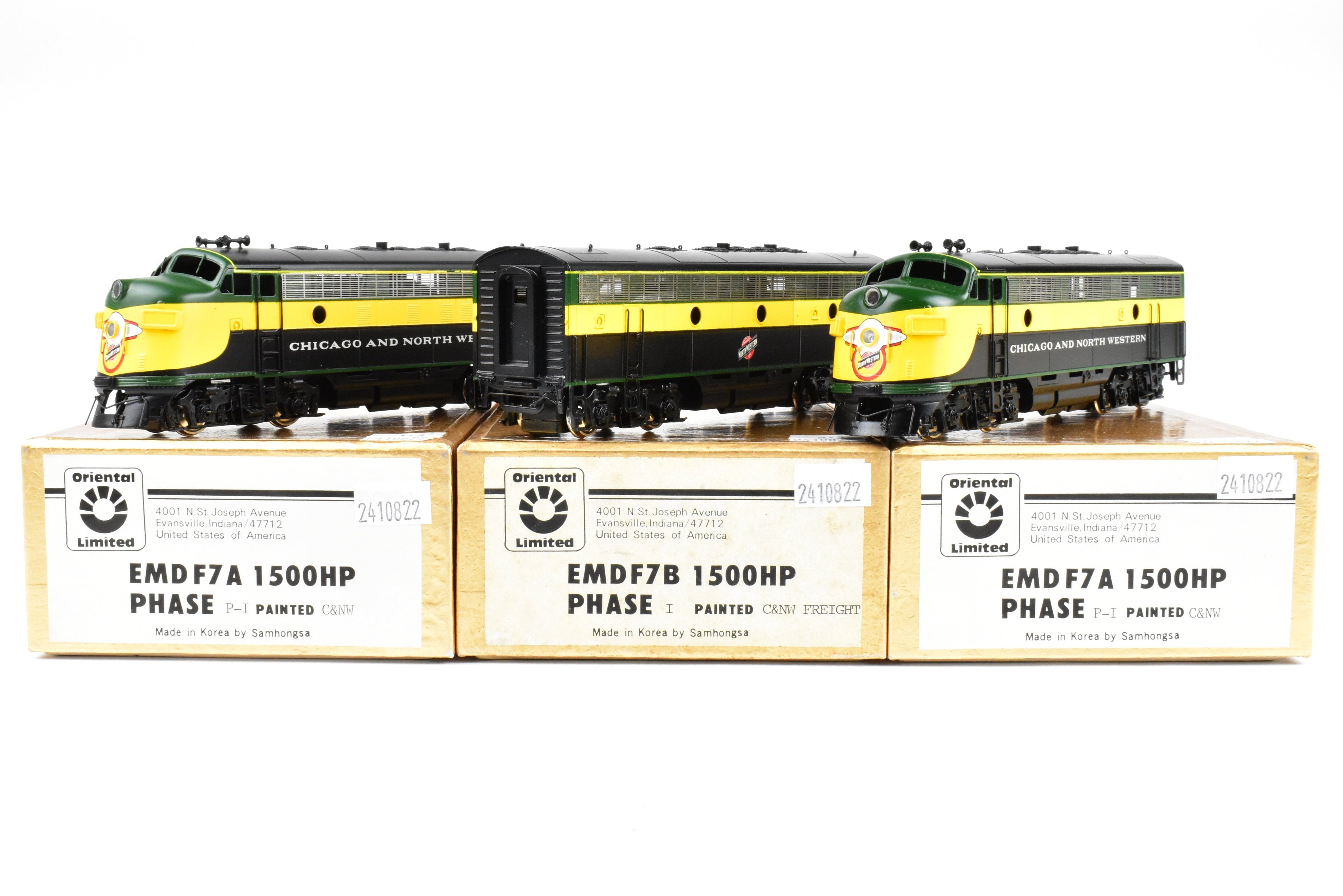 High - Quality HO Scale Brass Model Train Set - Chicago and Northwestern EMD F7A/F7B/F7A Phase I 1500 HP 3 - Unit Set in Freight Scheme by Oriental Limited