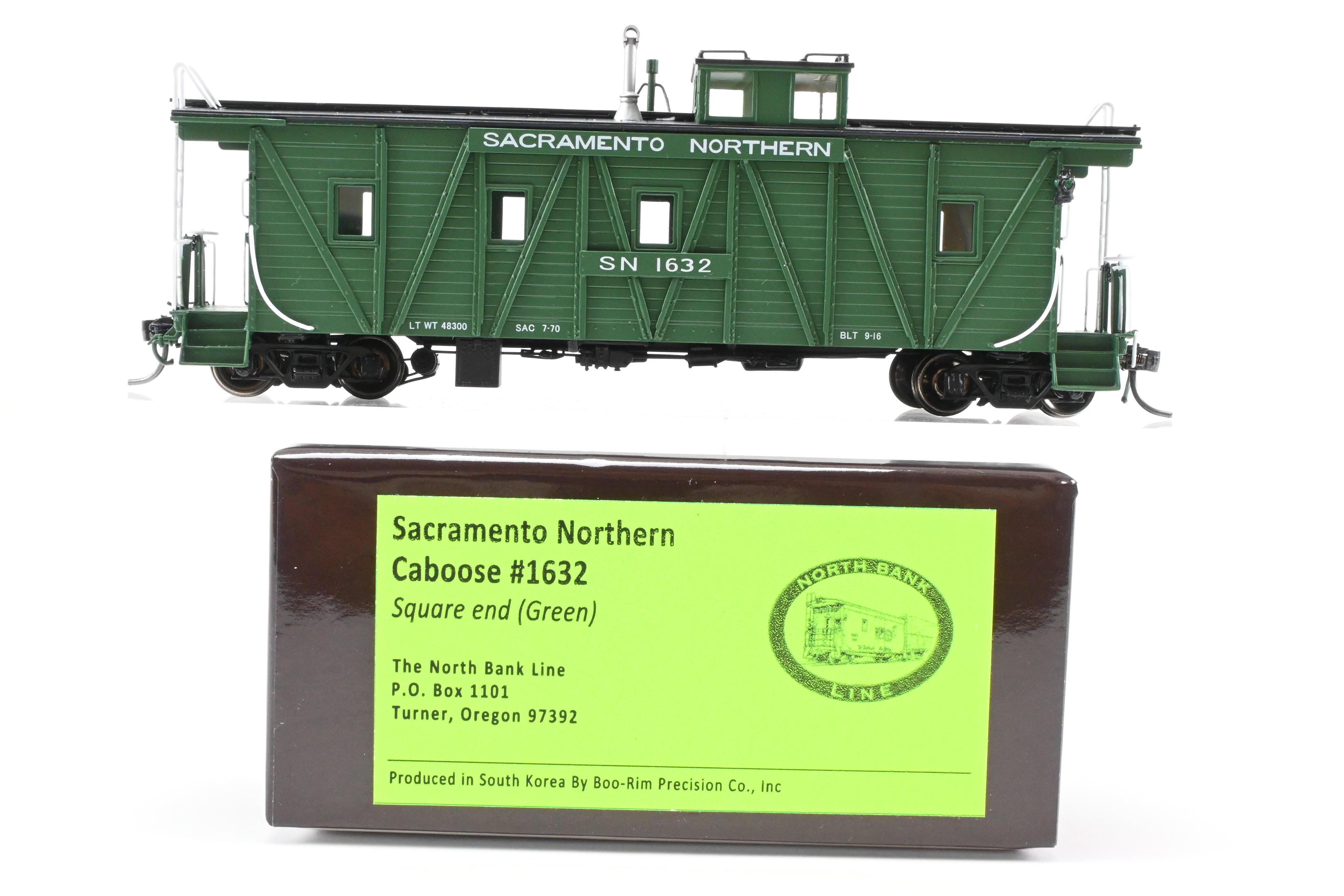 New HO Scale Brass Sacramento Northern Caboose #1632, Square End, FP Green