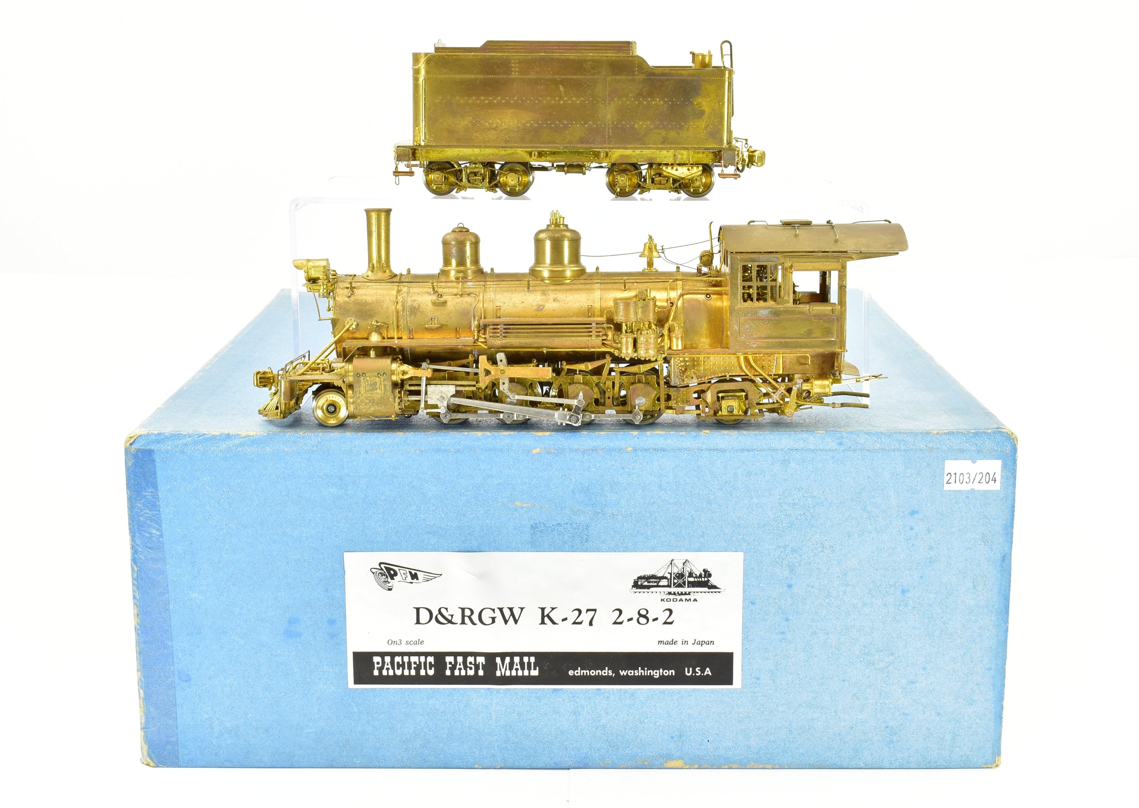 On3 Scale Brass Model Train - Pacific Fast Mail (PFM) Denver & Rio Grande Western Class K - 27 2 - 8 - 2 Steam Locomotive