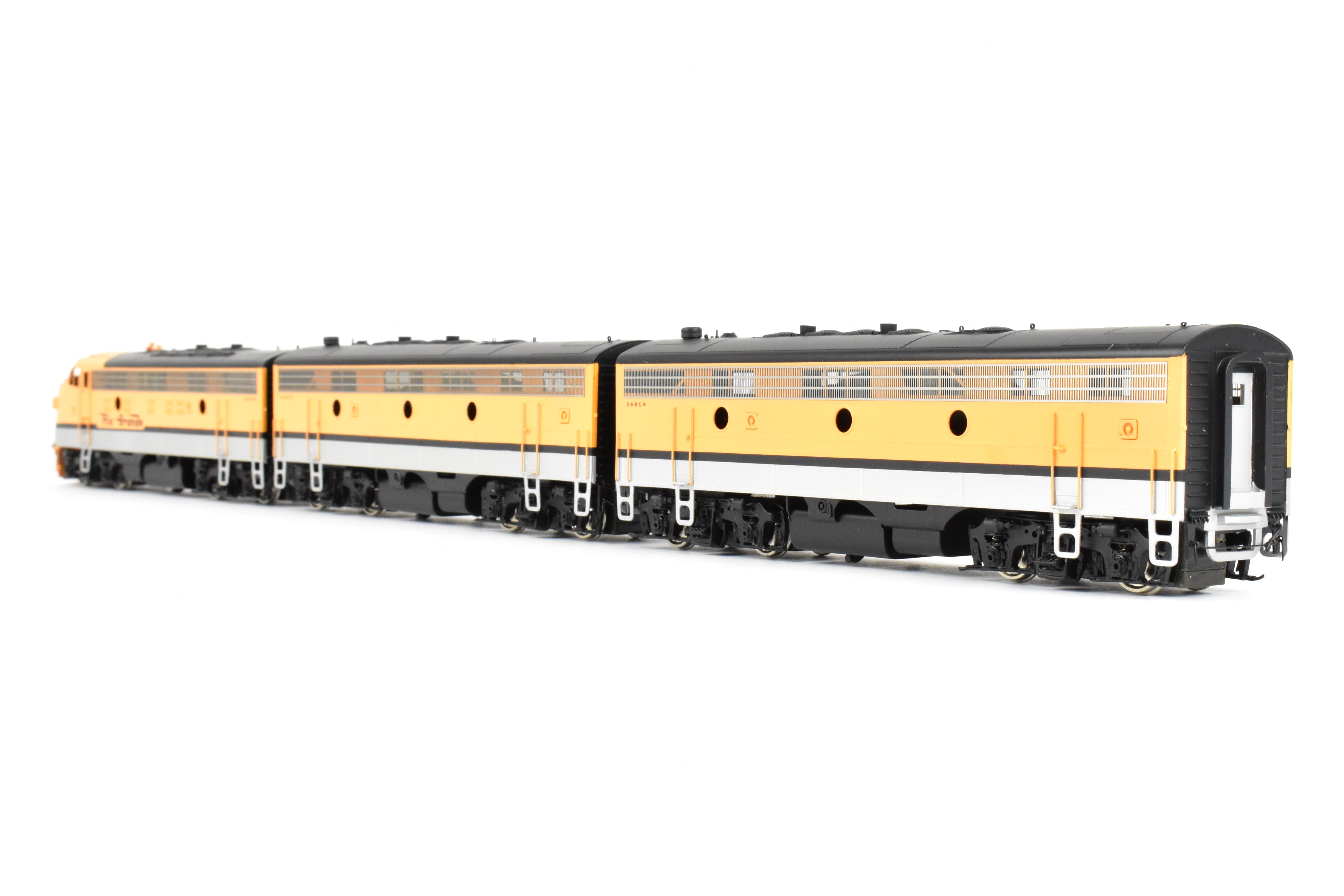 HO Scale Brass Model Train - Oriental Limited D&RGW Rio Grande EMD F9 A/B/B Set with 1750 HP Each and Factory Painted Finish