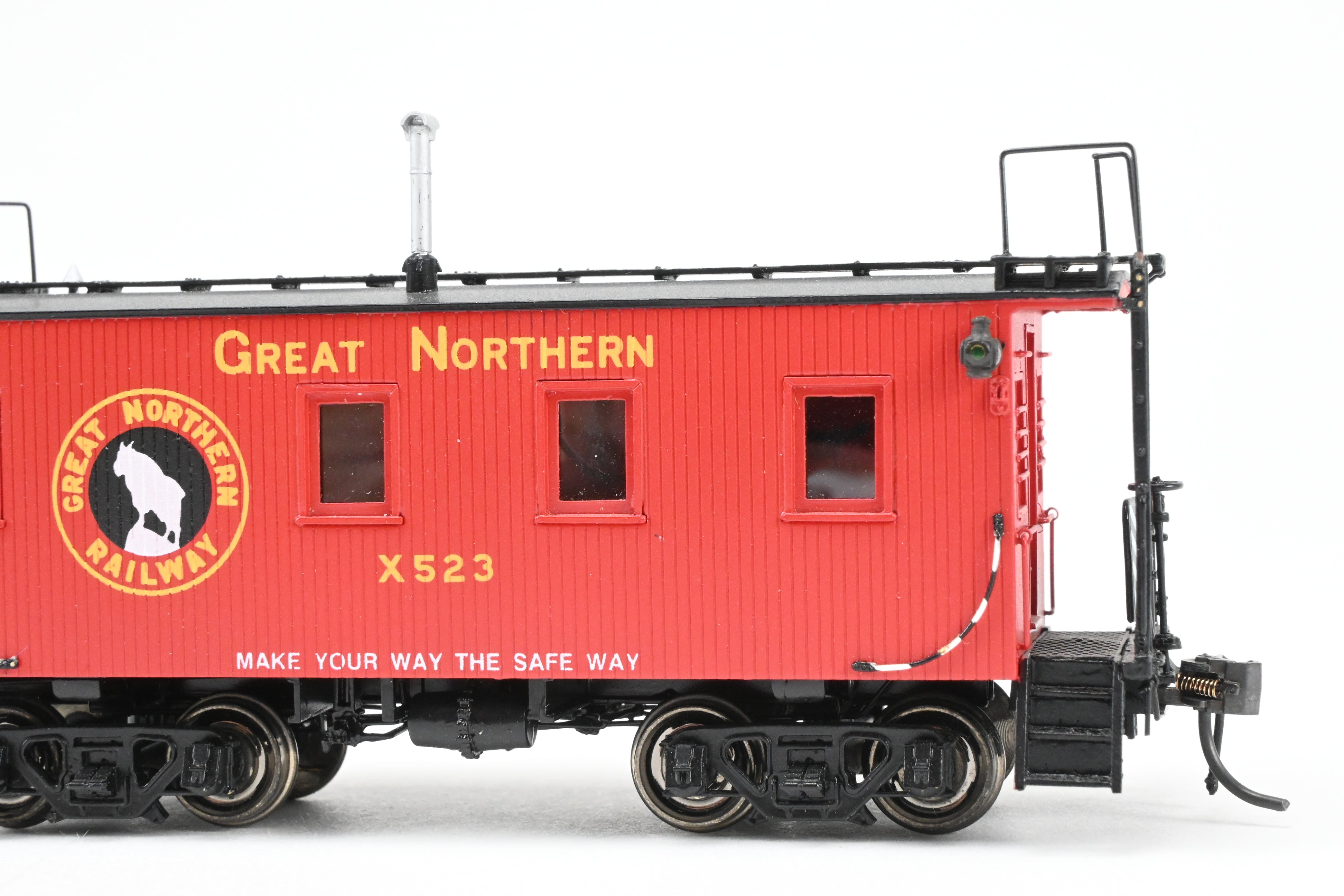 HO Scale Brass Converted Caboose - Challenger Imports Great Northern X523, 25-Foot Wood Caboose, Later Version with Added Marker Lights and Wrong Packaging