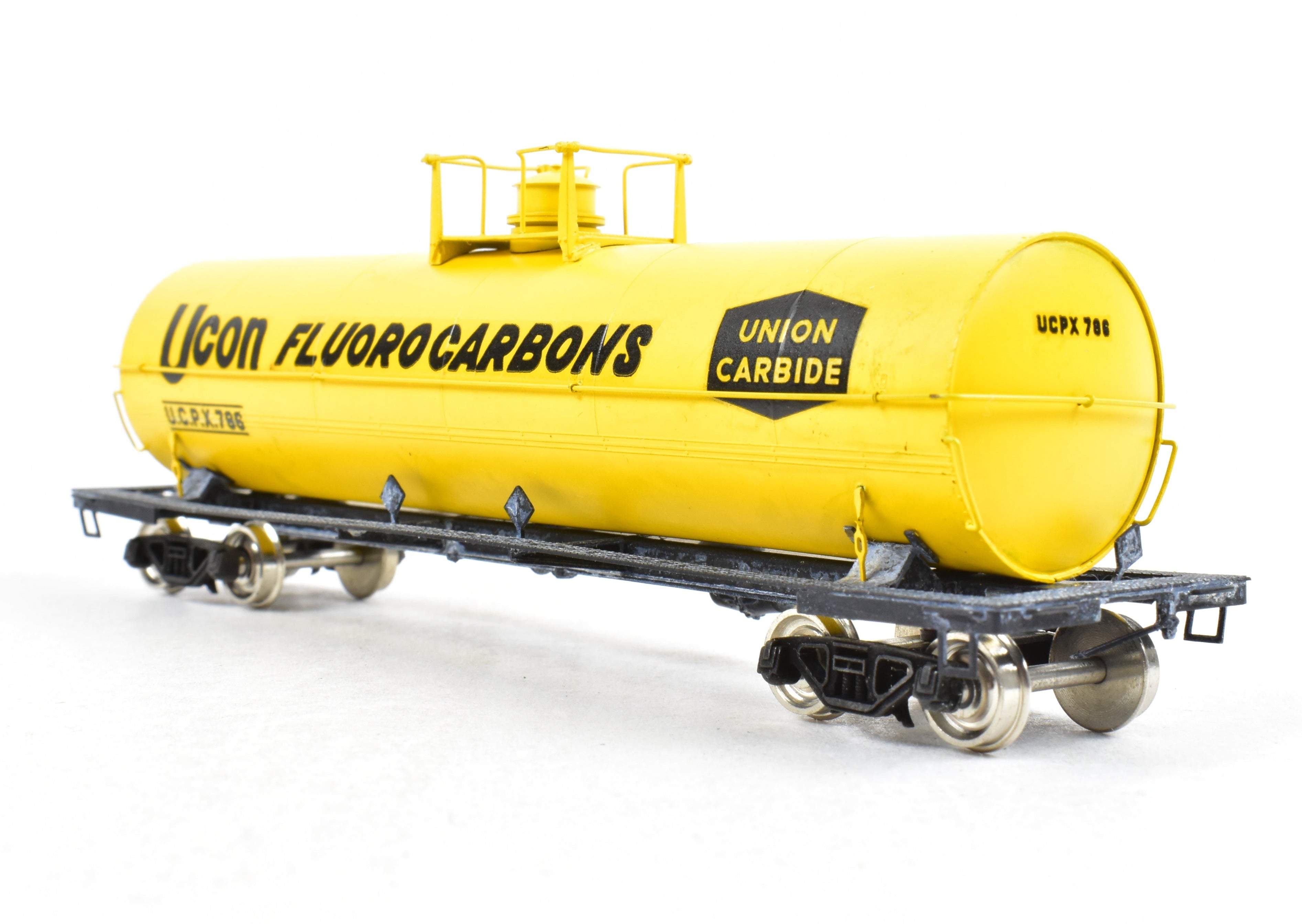 HO Scale Brass Precision Scale Co. (PSC) 12,000 Gallon Tank Car Factory-Painted in Yellow for Union Carbide, Various Roads Model