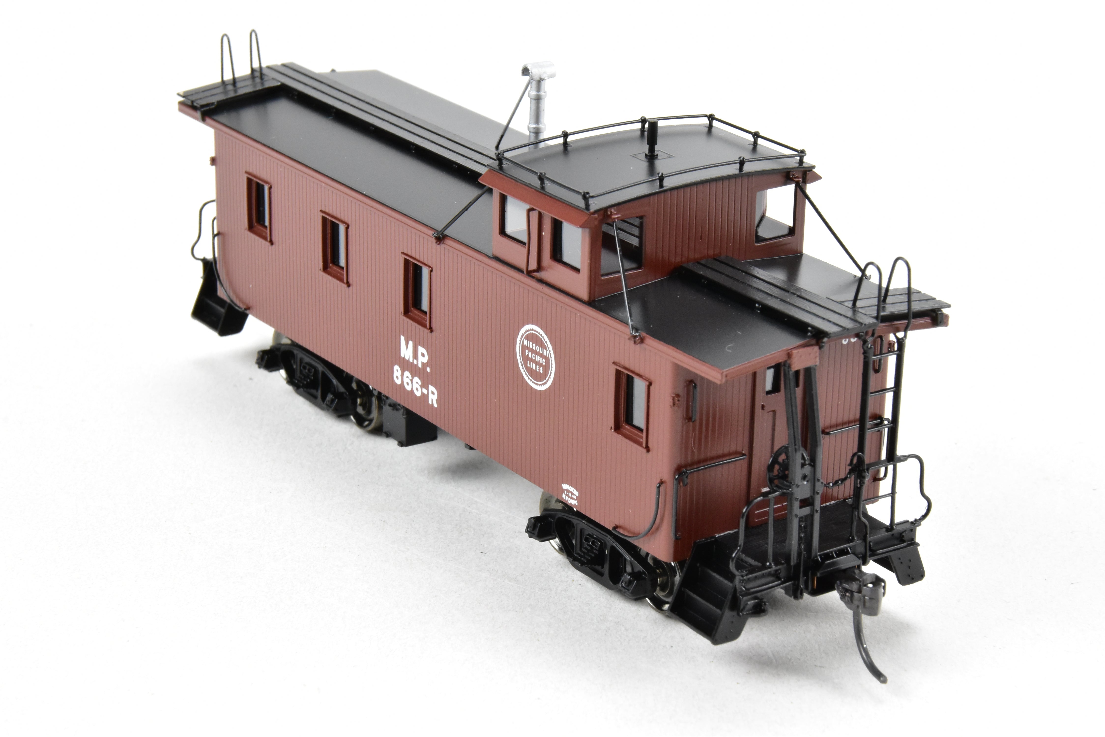 HO Scale Brass Missouri Pacific Wood - Side Caboose Model by Overland Models, Inc. with Angled Braces on Cupola and Antenna on Roof, Model Number #866R