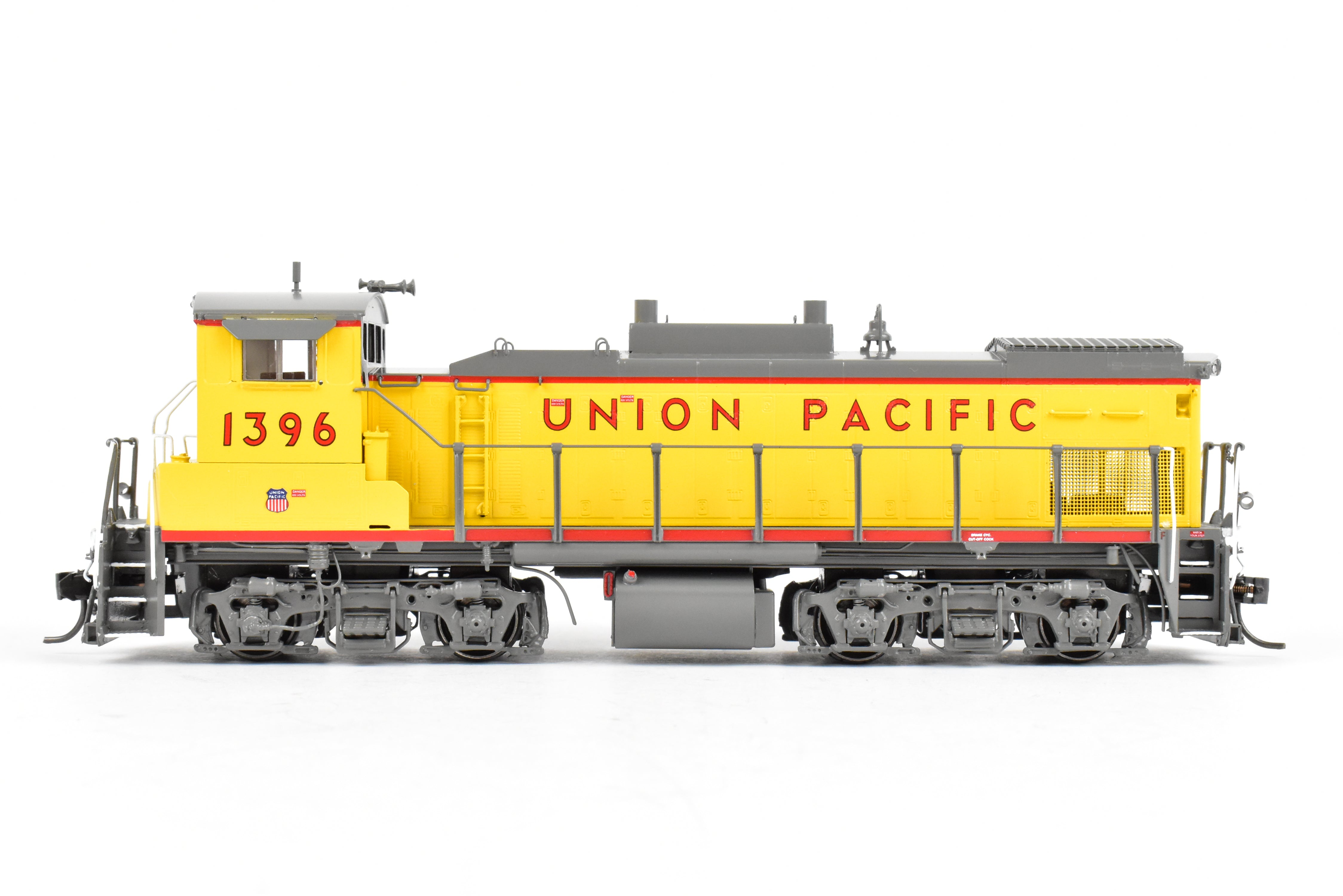 HO Scale Brass Model Train - Overland Models Inc. Union Pacific EMD MP15AC (formerly MKT) Freight Locomotive in Striking Yellow/Gray Color Scheme, Road Number 1396