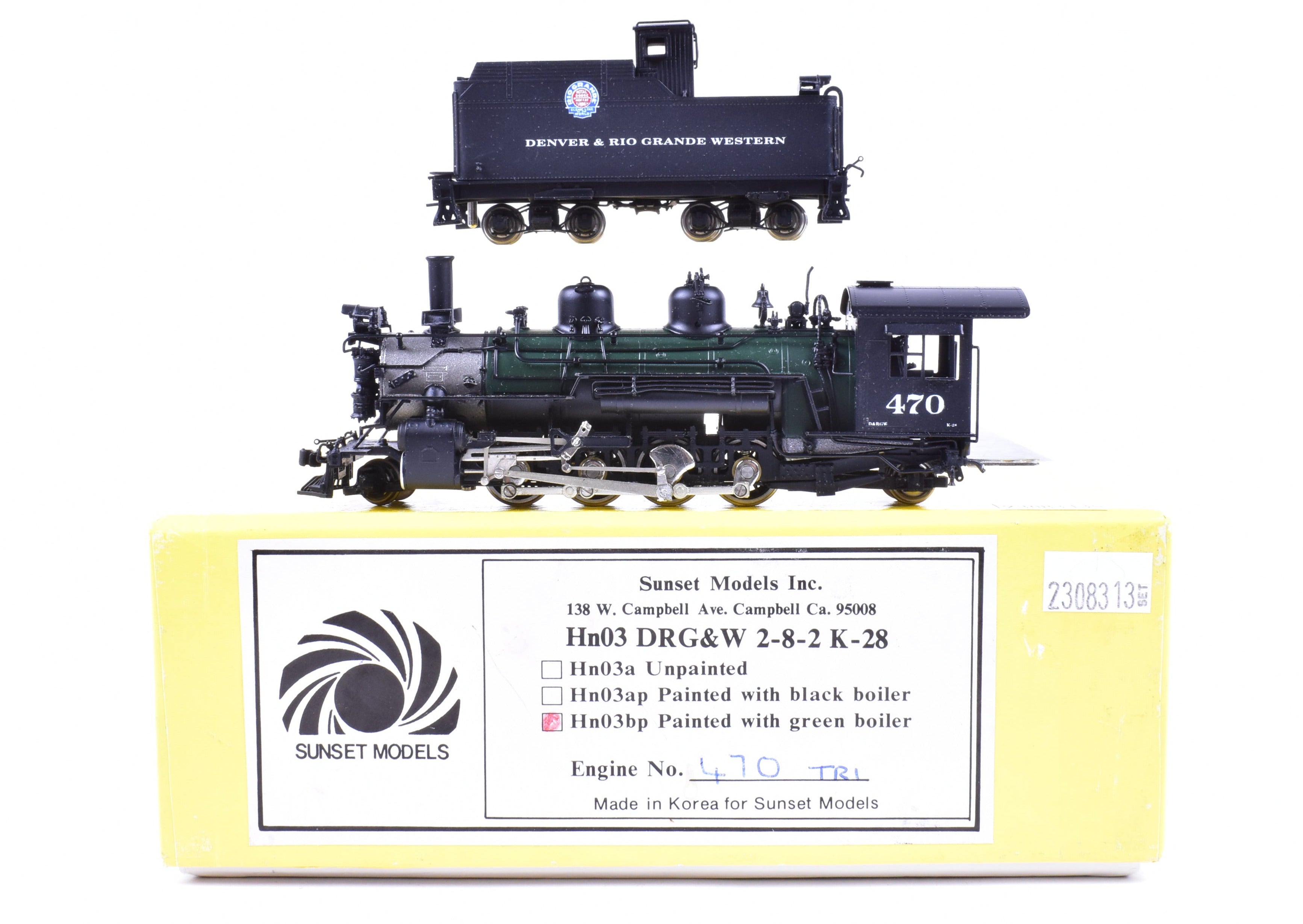 HOn3 Scale Brass Model Train - Sunset Models D&RGW (Denver & Rio Grande Western) K - 28 2 - 8 - 2 Steam Locomotive, Factory Painted No. 470