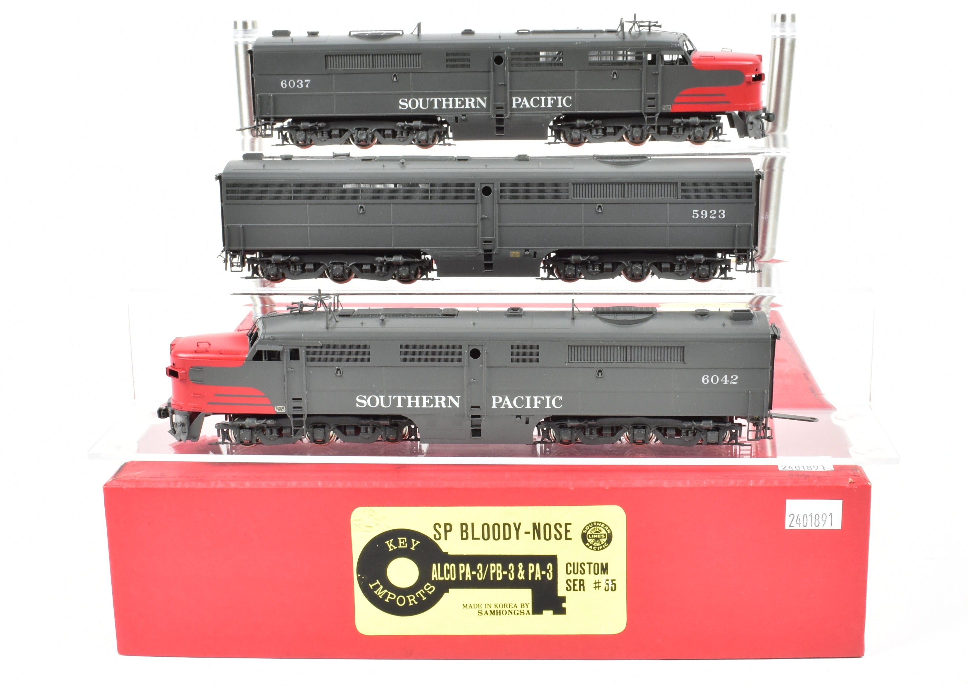 HO Scale Brass Model Train Key Imports Southern Pacific ALCO PA3/PB3/PA3 Set Custom Series #55 with 'Bloody Nose Scheme' and Factory Paint Finish