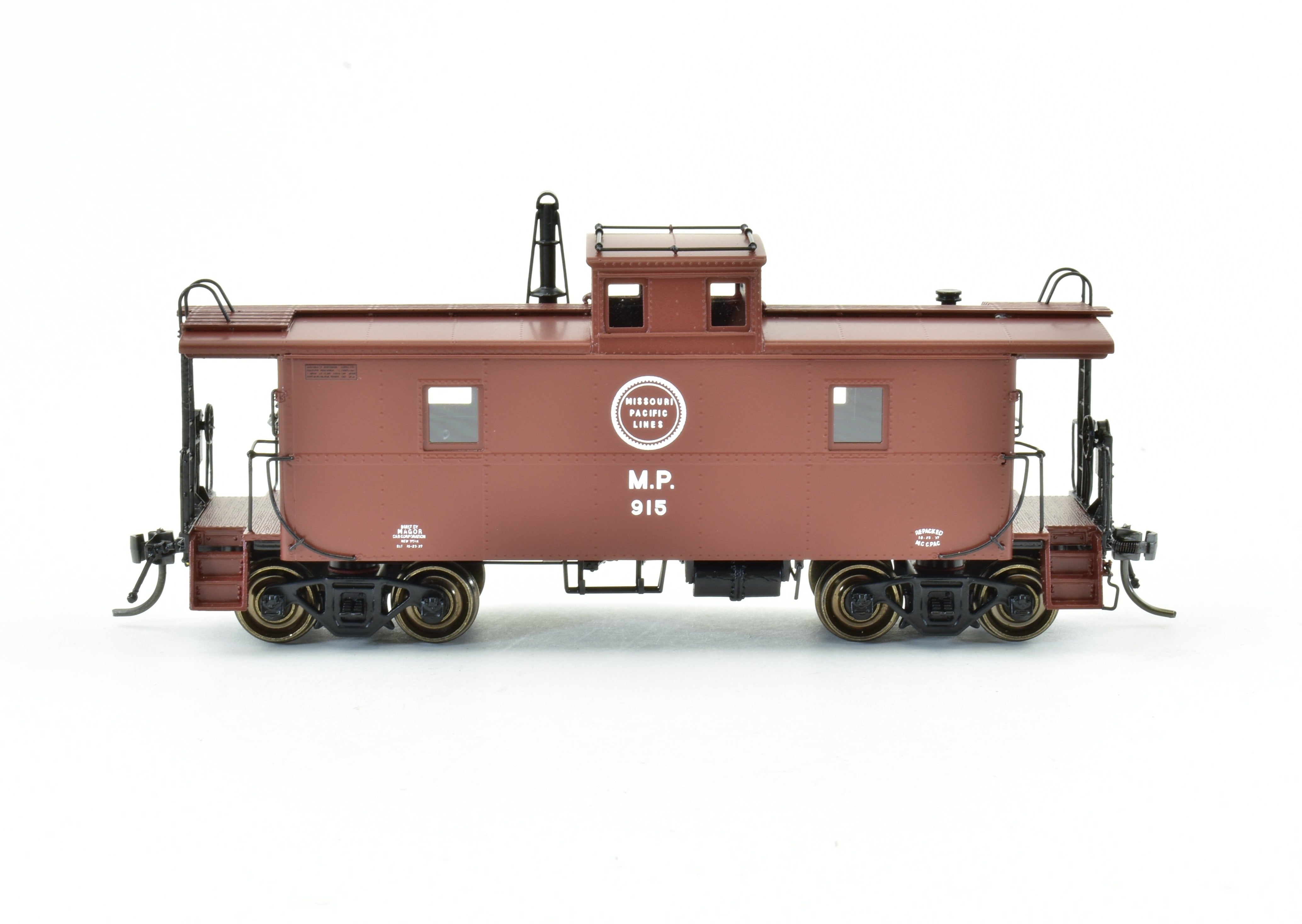 HO Scale Brass OMI - Overland Models, Inc. Missouri Pacific Magor Steel Caboose Model As Built in 1937, Factory Painted with Red and Small White Herald Scheme