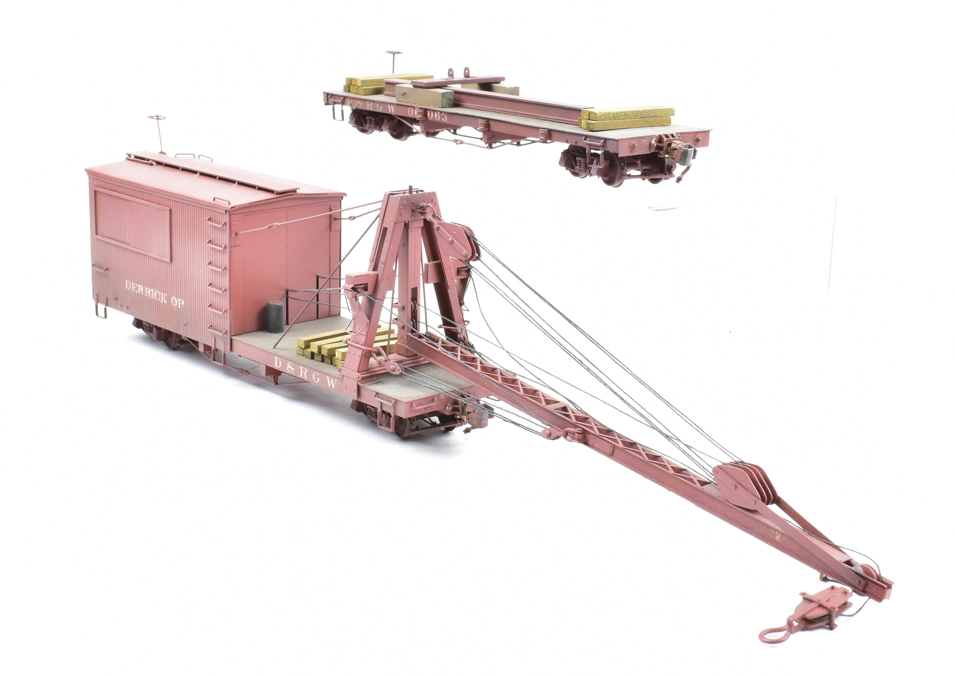 Custom Painted On3 Brass Model of D&RGW - Denver & Rio Grande Western Derrick OP with Idler Car by Westside Model Co.