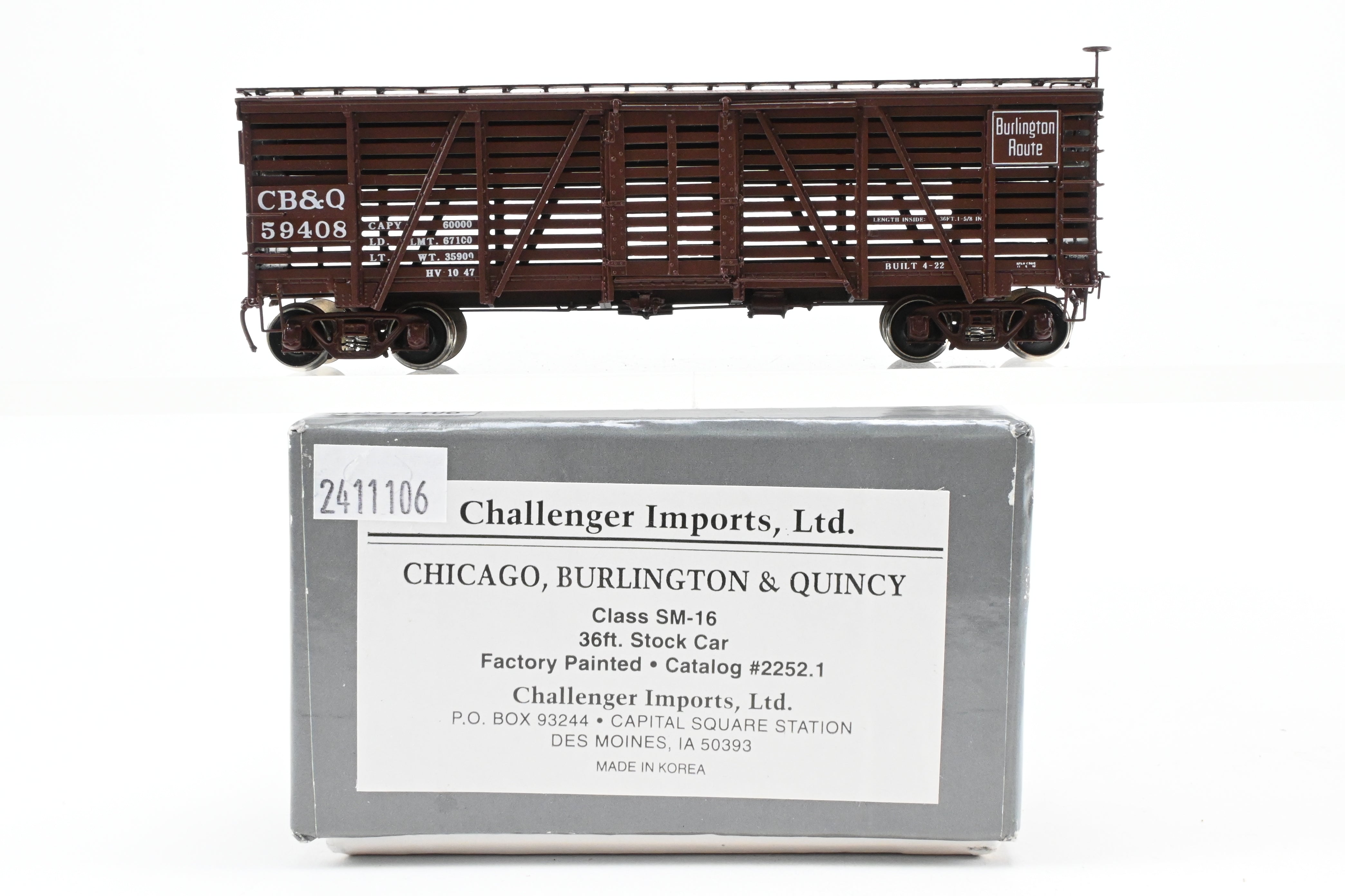 HO Scale Brass CIL - Challenger Imports CB&Q - Burlington Route Class SM-16 36-Foot Stock Car, Factory Painted, Road Number 59408
