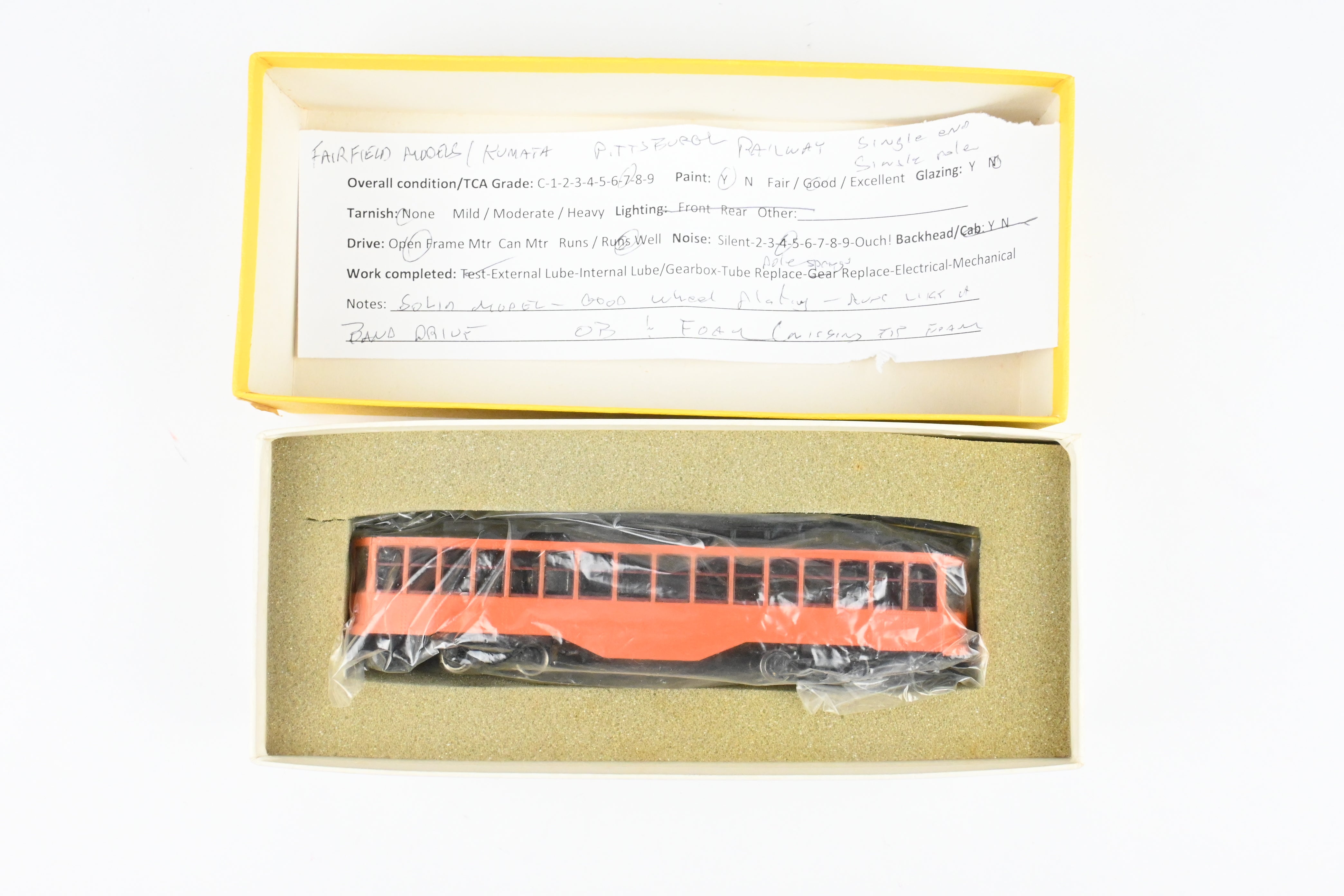 HO Scale Brass Single Ended Trolley Car Model of Pittsburgh Railway Co. by Fairfield Models, Custom Painted in Orange and Black without Lettering