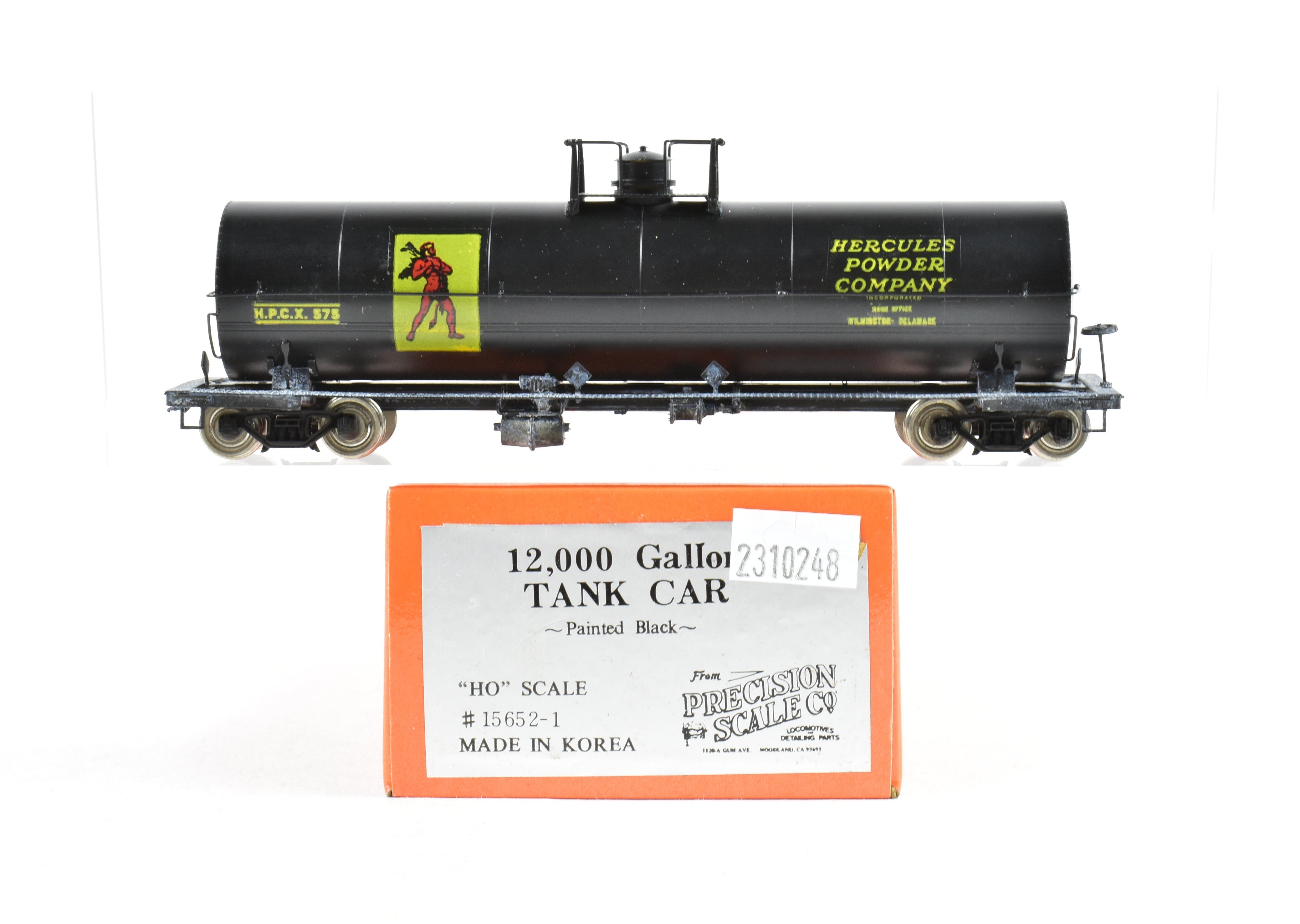 HO Scale Brass Precision Scale Co. 12,000 Gallon Tank Car, Professionally Painted Black with Hercules Powder Company Lettering